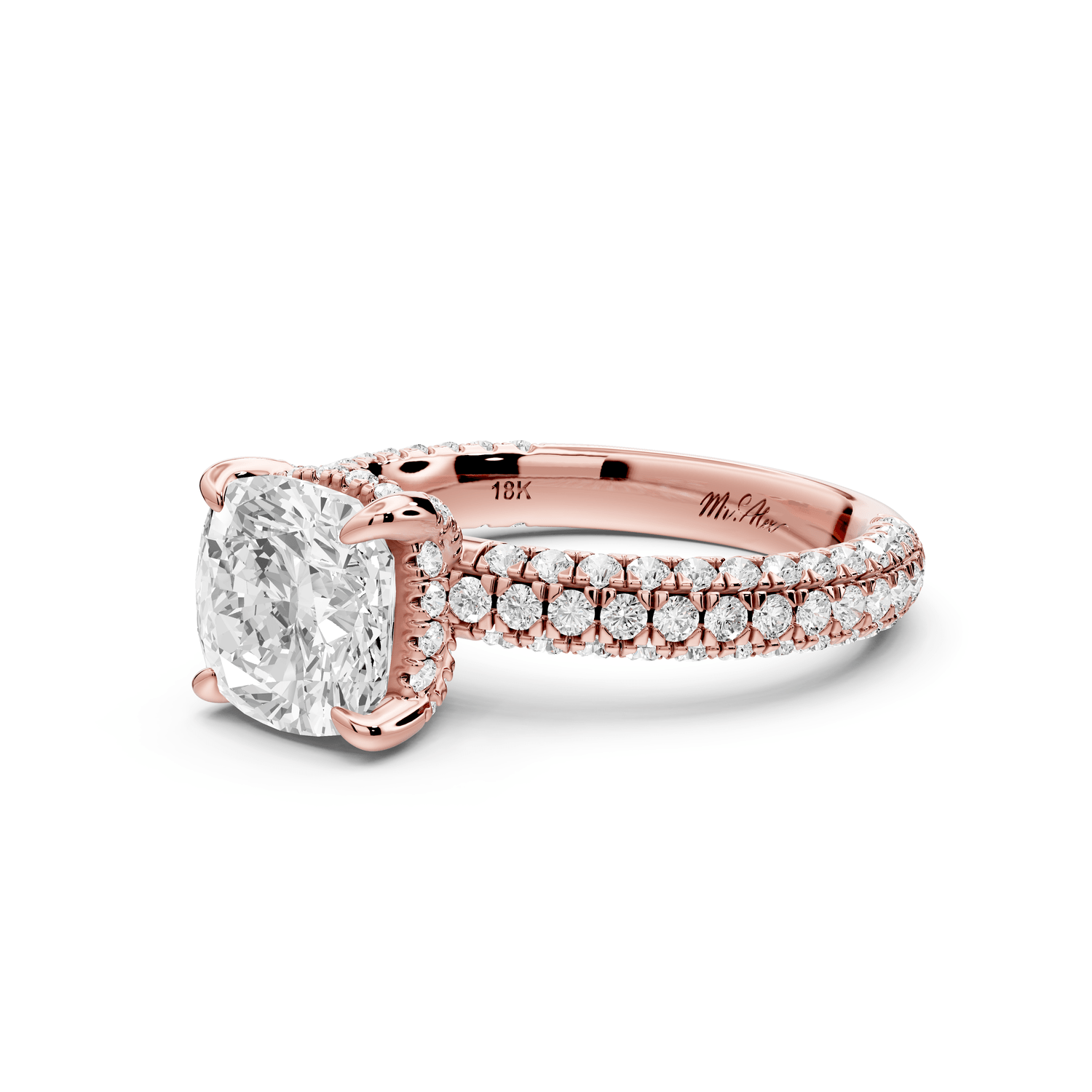 Emilia - 2ct 14k rose gold cushion Hidden Halo Diamond Crown Rollover Pavé Engagement Ring - Mr. Alex Jewelry