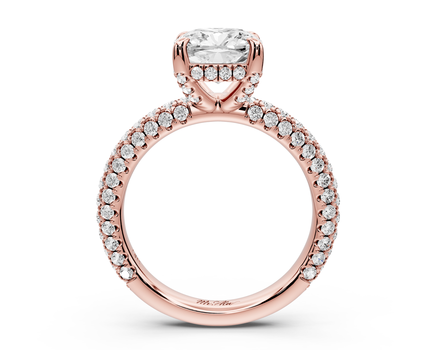 Emilia - 2ct 14k rose gold cushion Hidden Halo Diamond Crown Rollover Pavé Engagement Ring - Mr. Alex Jewelry