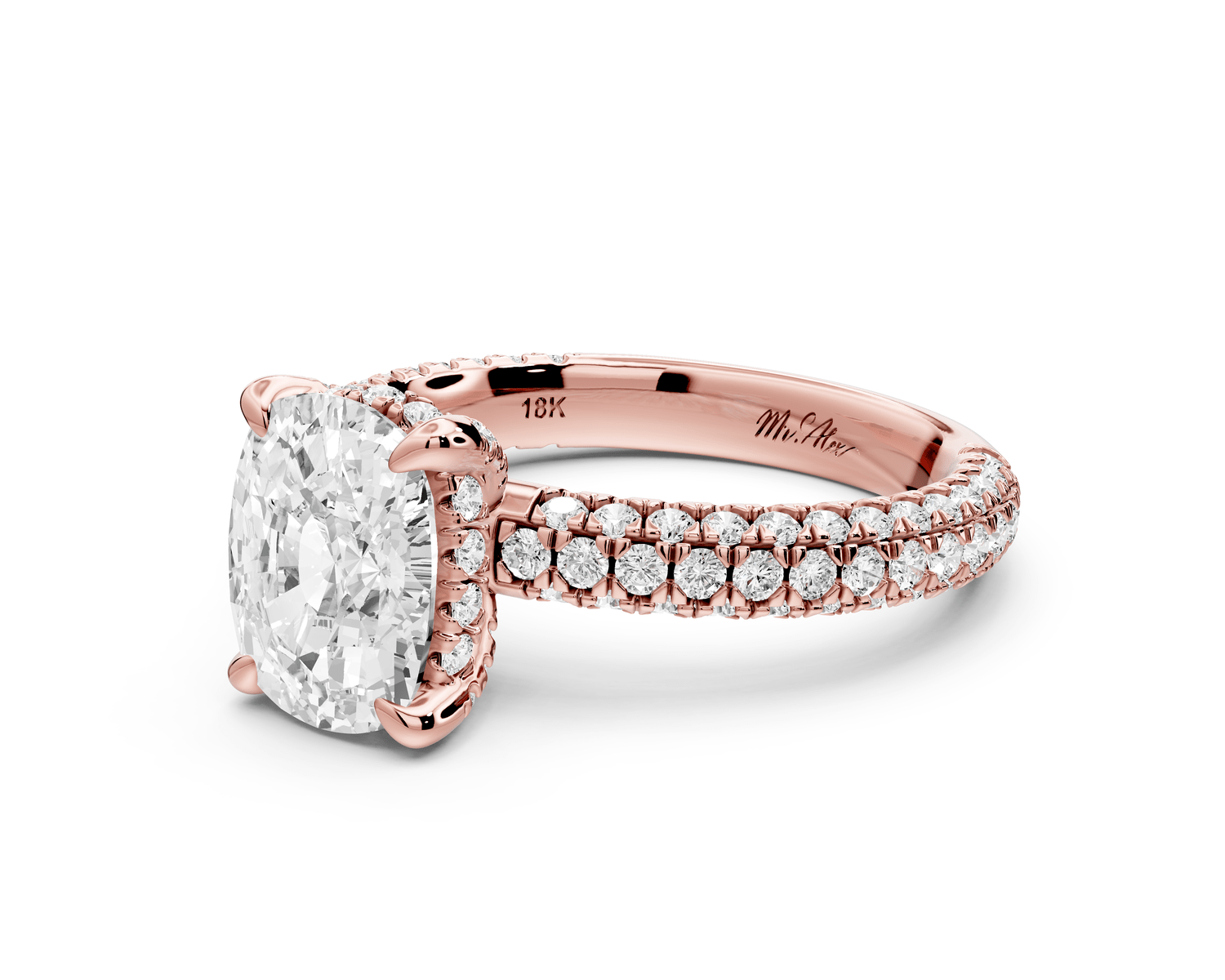 Emilia - 2ct 14k rose gold ecushion Hidden Halo Diamond Crown Rollover Pavé Engagement Ring - Mr. Alex Jewelry