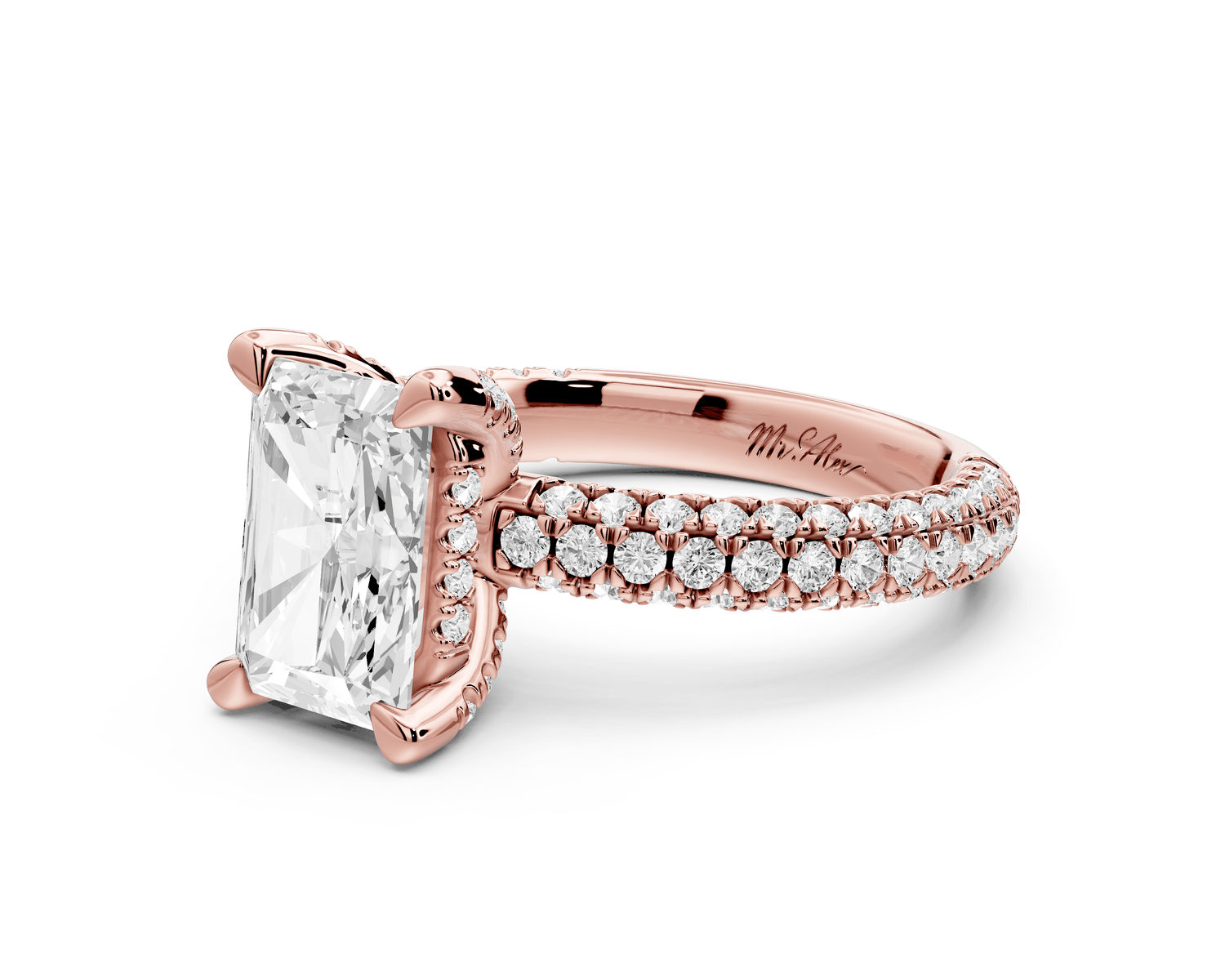 Emilia - 2ct 14k rose gold radiant Hidden Halo Diamond Crown Rollover Pavé Engagement Ring - Mr. Alex Jewelry