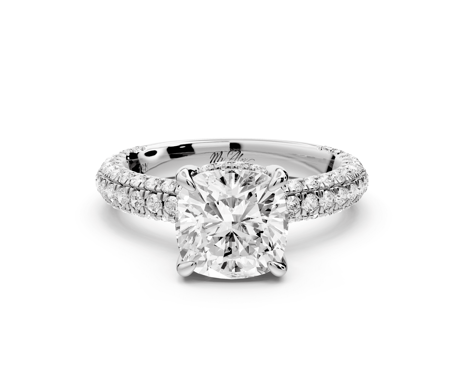 Emilia - 2ct 14k white gold cushion Hidden Halo Diamond Crown Rollover Pavé Engagement Ring - Mr. Alex Jewelry