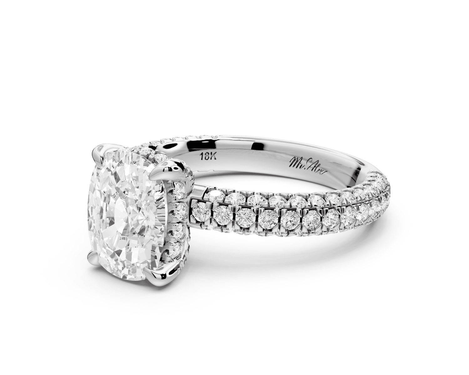 Emilia - 2ct 14k white gold ecushion Hidden Halo Diamond Crown Rollover Pavé Engagement Ring - Mr. Alex Jewelry