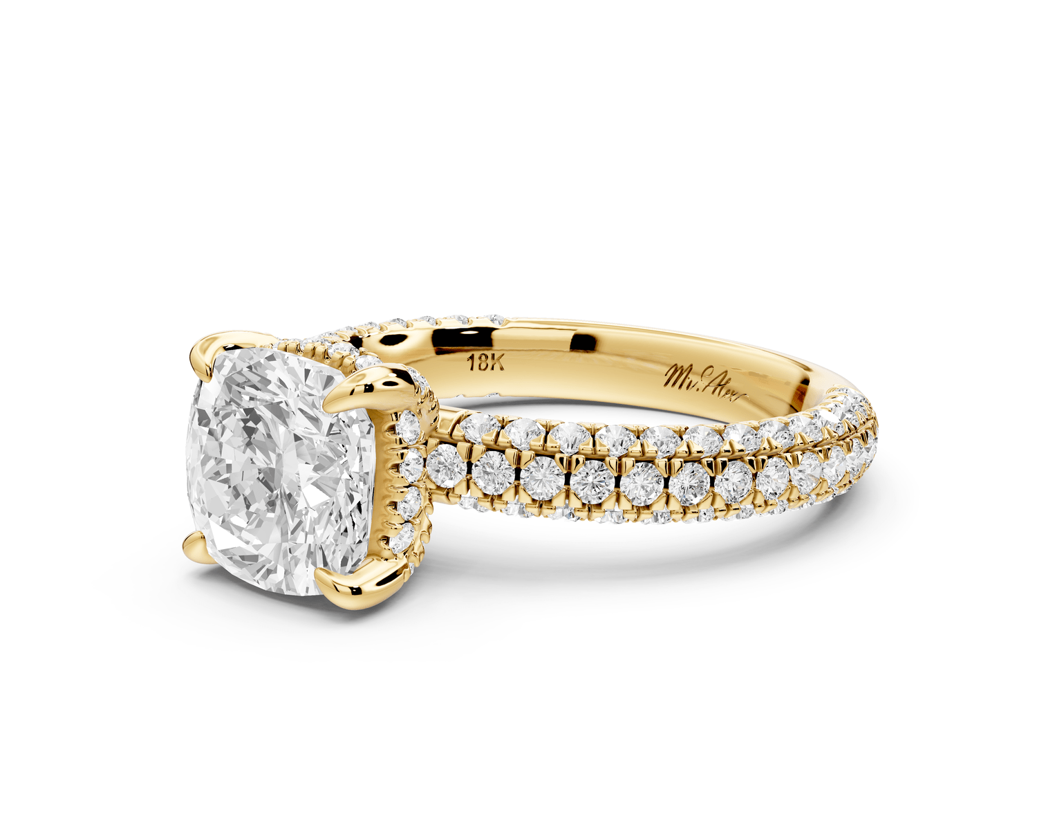 Emilia - 2ct 14k yellow gold cushion Hidden Halo Diamond Crown Rollover Pavé Engagement Ring - Mr. Alex Jewelry