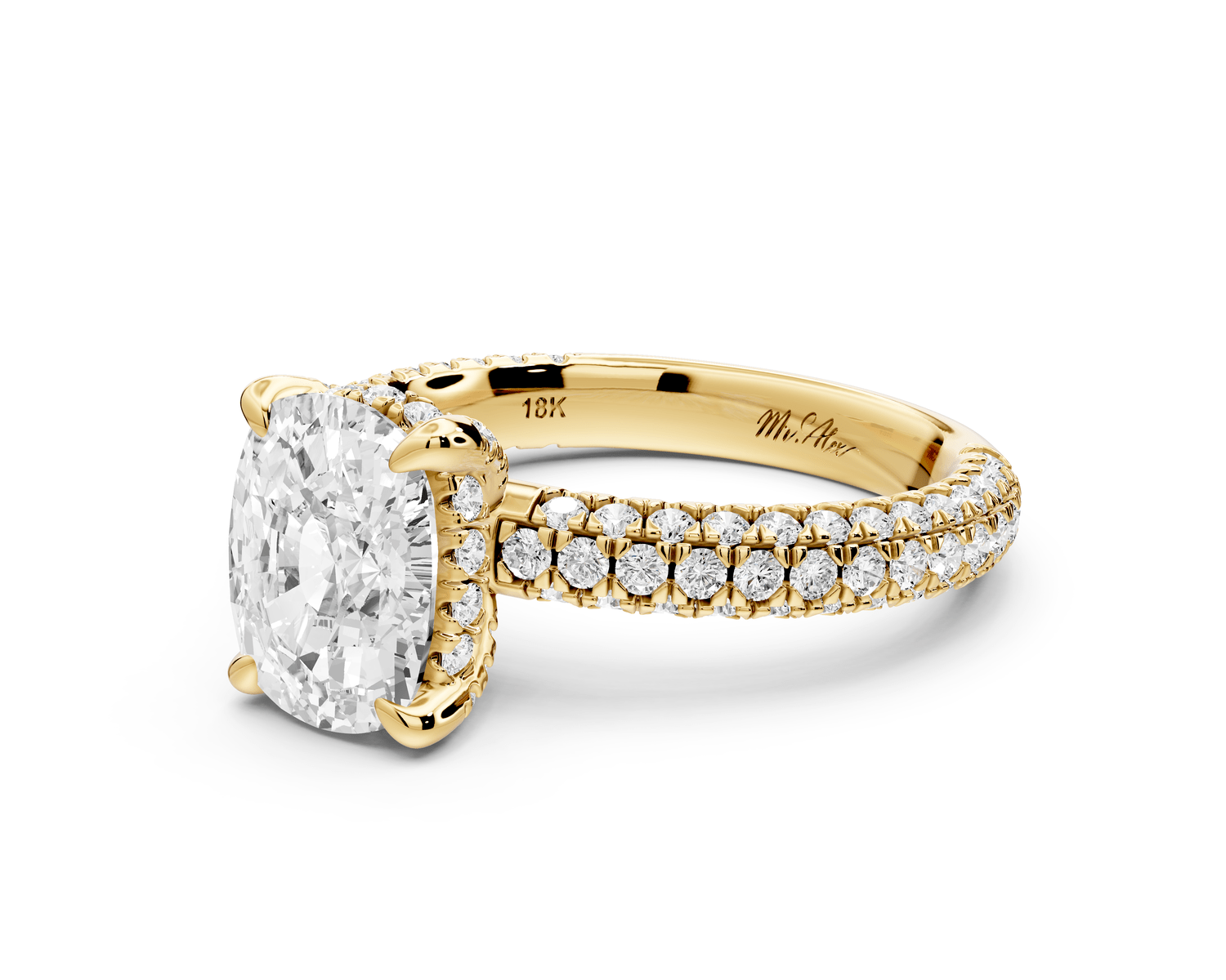 Emilia - 2ct 14k yellow gold ecushion Hidden Halo Diamond Crown Rollover Pavé Engagement Ring - Mr. Alex Jewelry