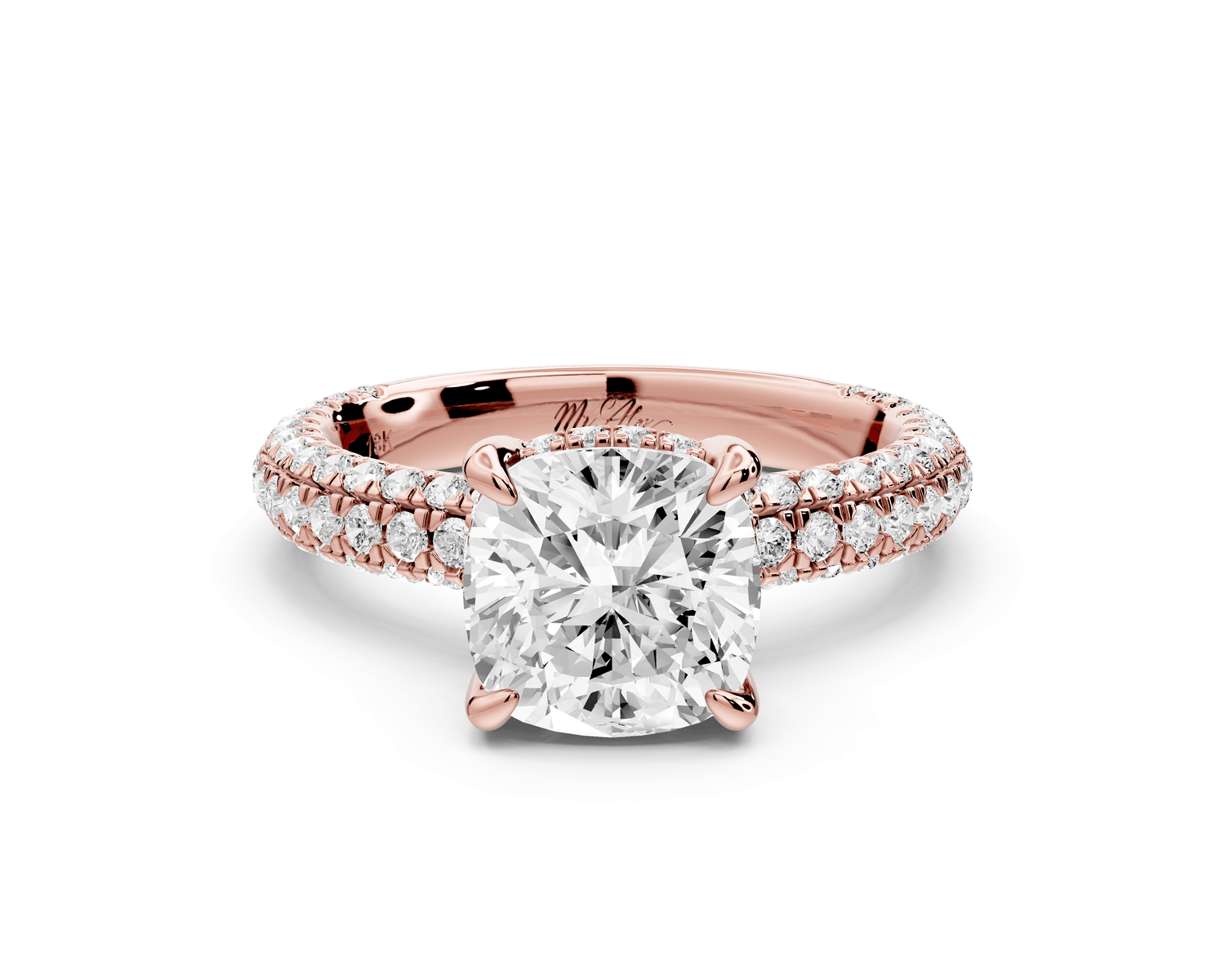 Emilia - 2ct 18k rose gold cushion Hidden Halo Diamond Crown Rollover Pavé Engagement Ring - Mr. Alex Jewelry