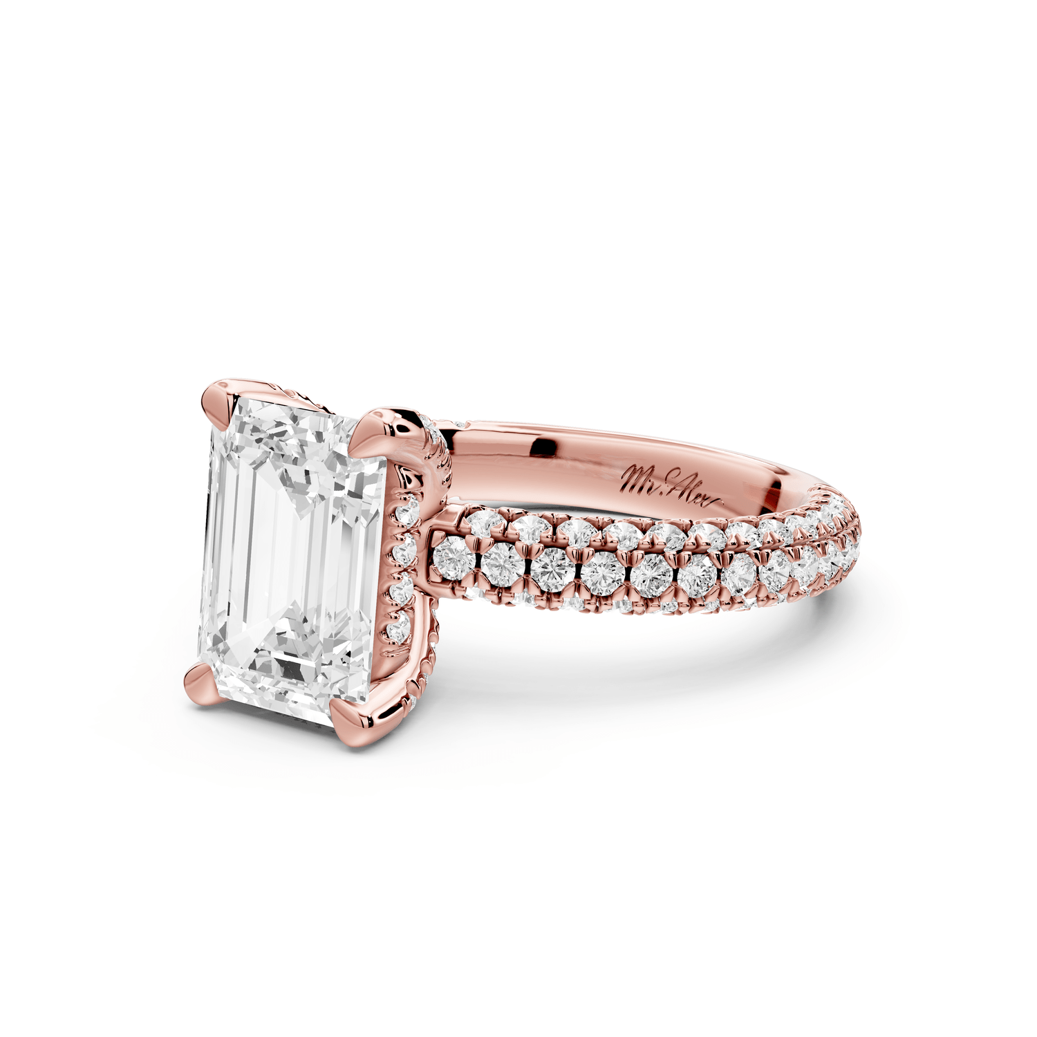 Emilia - 2ct 18k rose gold emerald Hidden Halo Diamond Crown Rollover Pavé Engagement Ring - Mr. Alex Jewelry