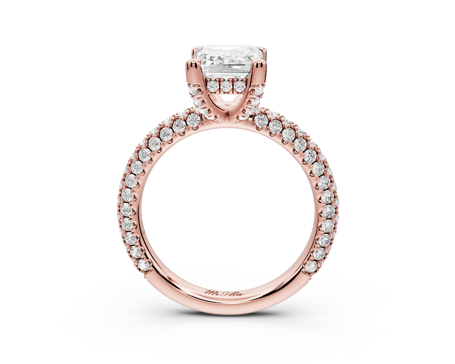 Emilia - 2ct 18k rose gold emerald Hidden Halo Diamond Crown Rollover Pavé Engagement Ring - Mr. Alex Jewelry