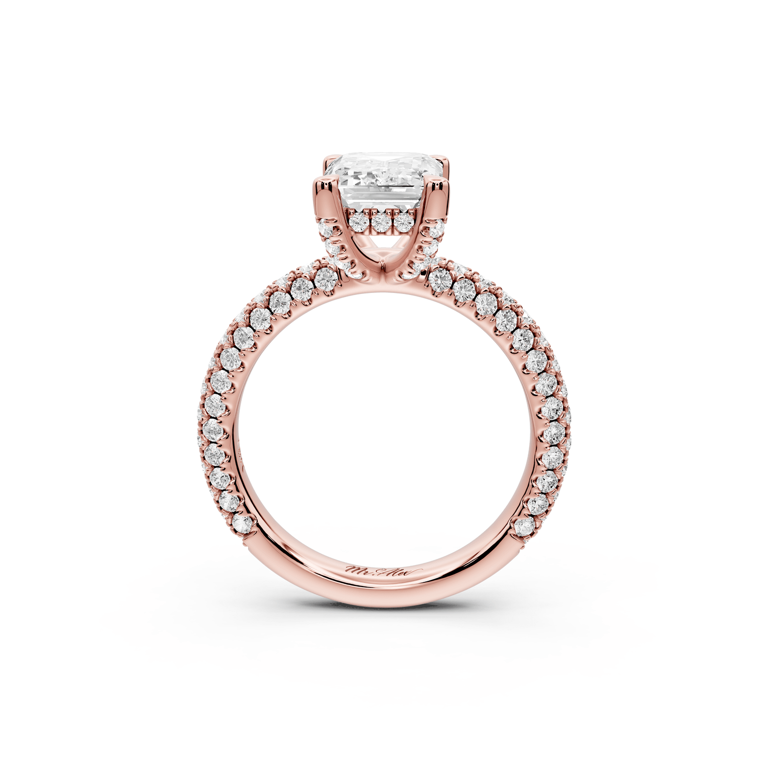 Emilia - 2ct 18k rose gold emerald Hidden Halo Diamond Crown Rollover Pavé Engagement Ring - Mr. Alex Jewelry