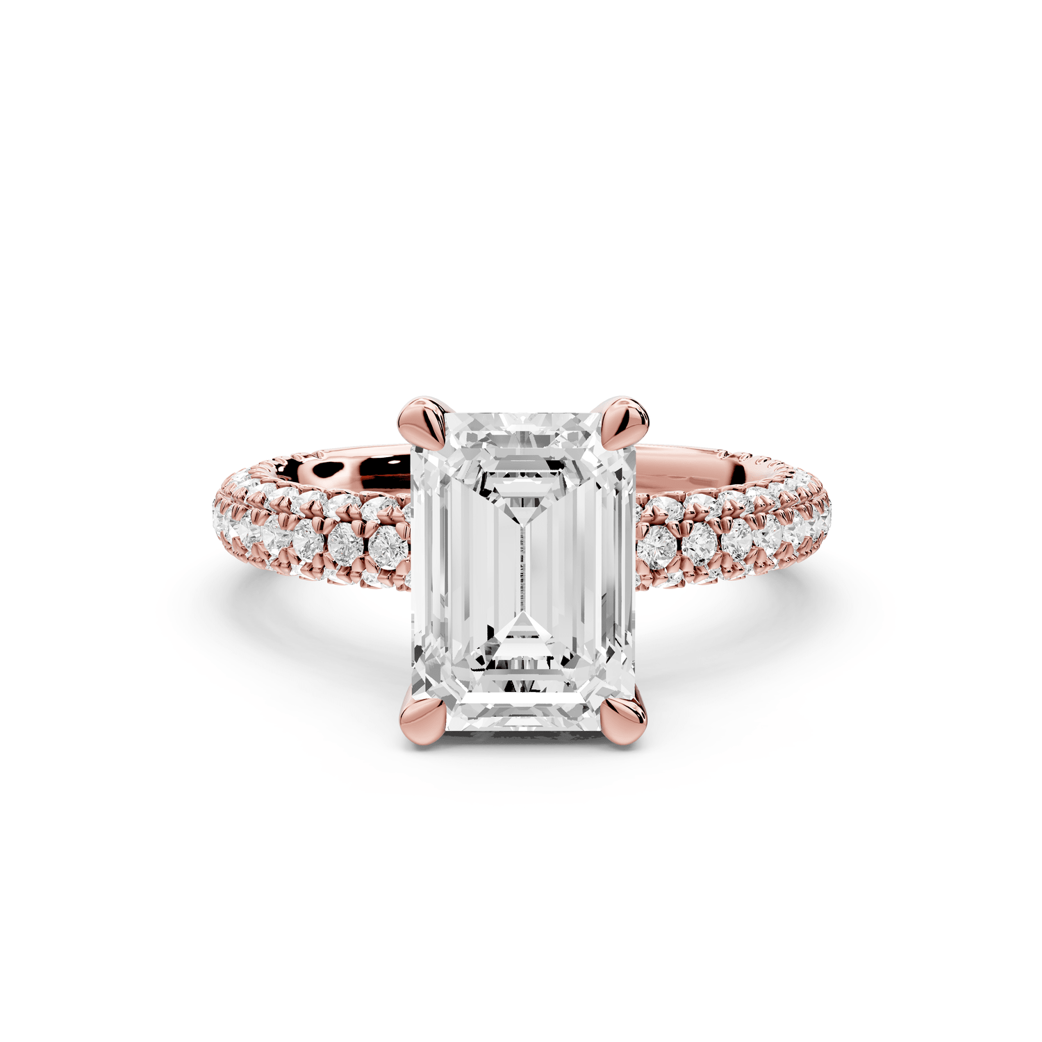 Emilia - 2ct 18k rose gold emerald Hidden Halo Diamond Crown Rollover Pavé Engagement Ring - Mr. Alex Jewelry