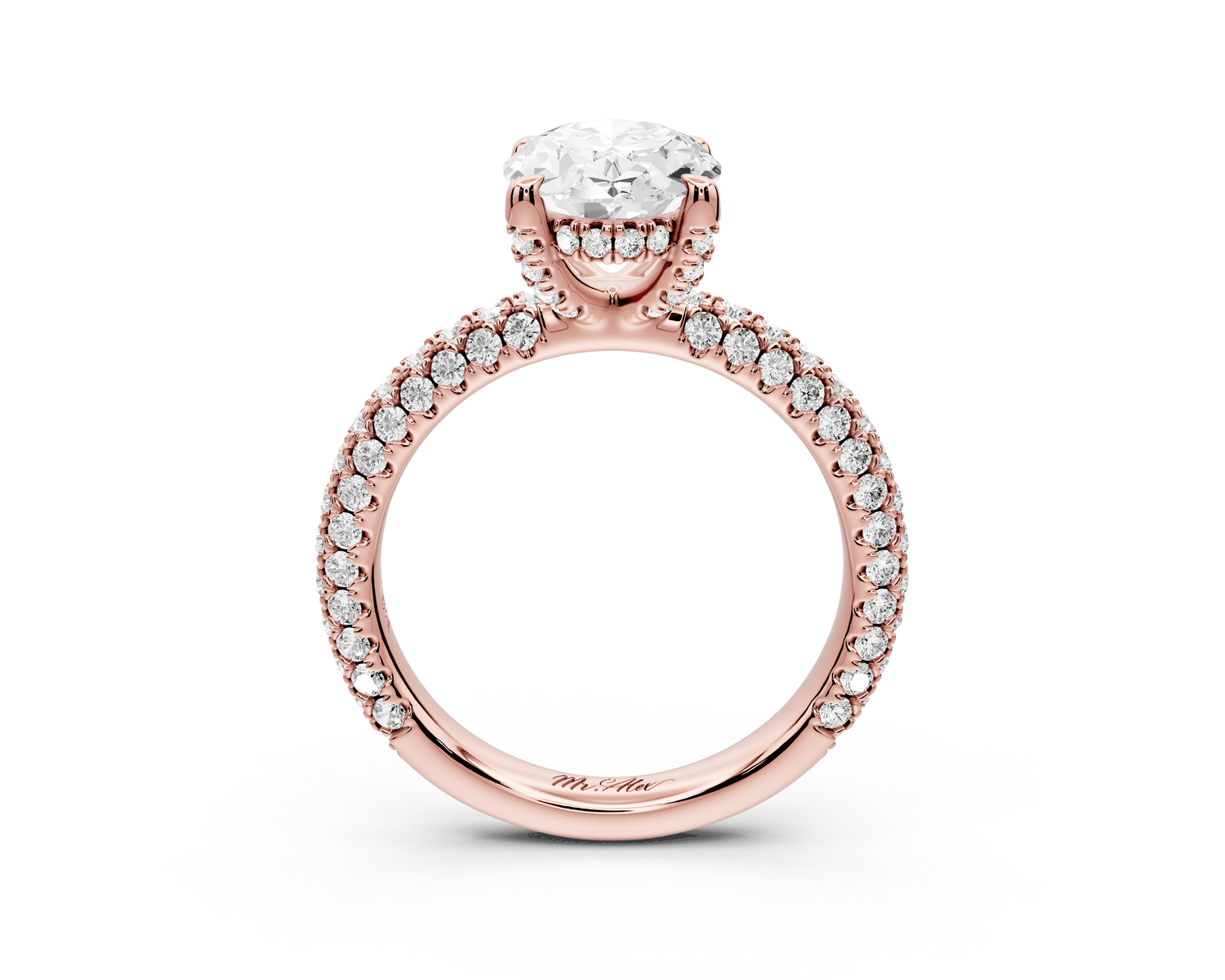 Emilia - 2ct 18k rose gold oval Hidden Halo Diamond Crown Rollover Pavé Engagement Ring - Mr. Alex Jewelry