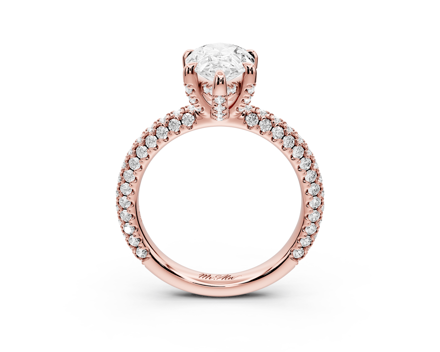 Emilia - 2ct 18k rose gold pear Hidden Halo Diamond Crown Rollover Pavé Engagement Ring - Mr. Alex Jewelry