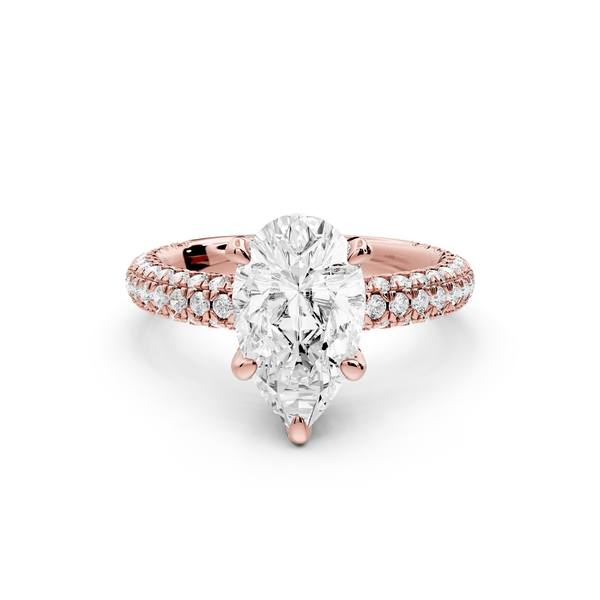 Emilia - 2ct 18k rose gold pear Hidden Halo Diamond Crown Rollover Pavé Engagement Ring - Mr. Alex Jewelry