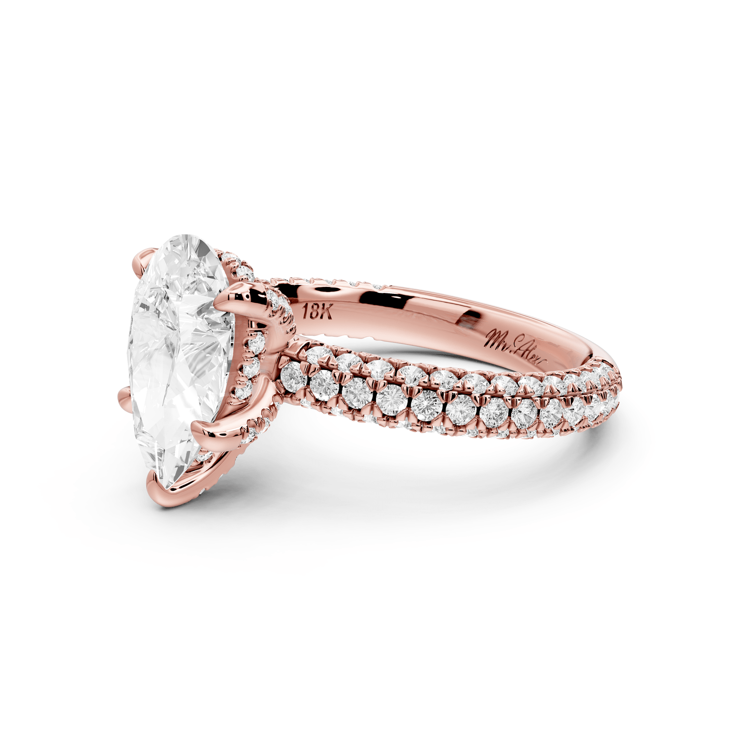 Emilia - 2ct 18k rose gold pear Hidden Halo Diamond Crown Rollover Pavé Engagement Ring - Mr. Alex Jewelry