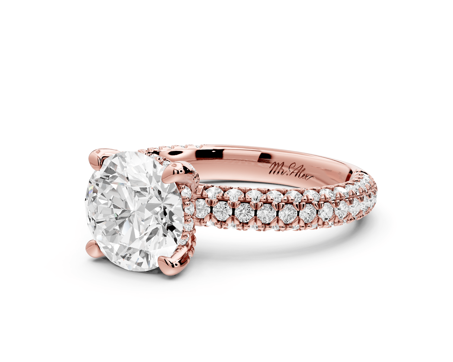 Emilia - 2ct 18k rose gold round Hidden Halo Diamond Crown Rollover Pavé Engagement Ring - Mr. Alex Jewelry