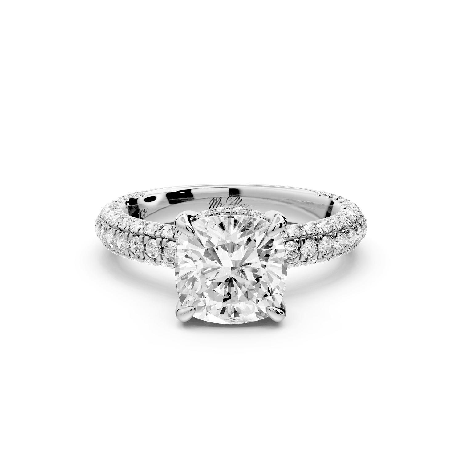 Emilia - 2ct 18k white gold cushion Hidden Halo Diamond Crown Rollover Pavé Engagement Ring - Mr. Alex Jewelry