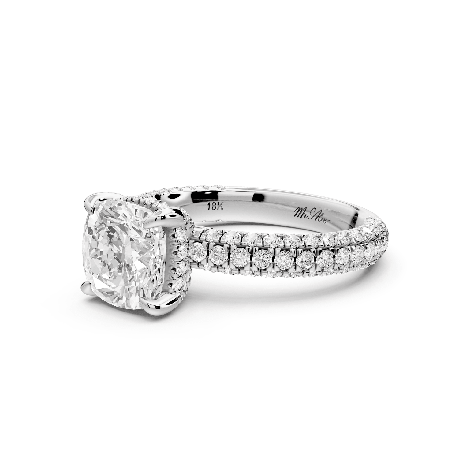 Emilia - 2ct 18k white gold cushion Hidden Halo Diamond Crown Rollover Pavé Engagement Ring - Mr. Alex Jewelry