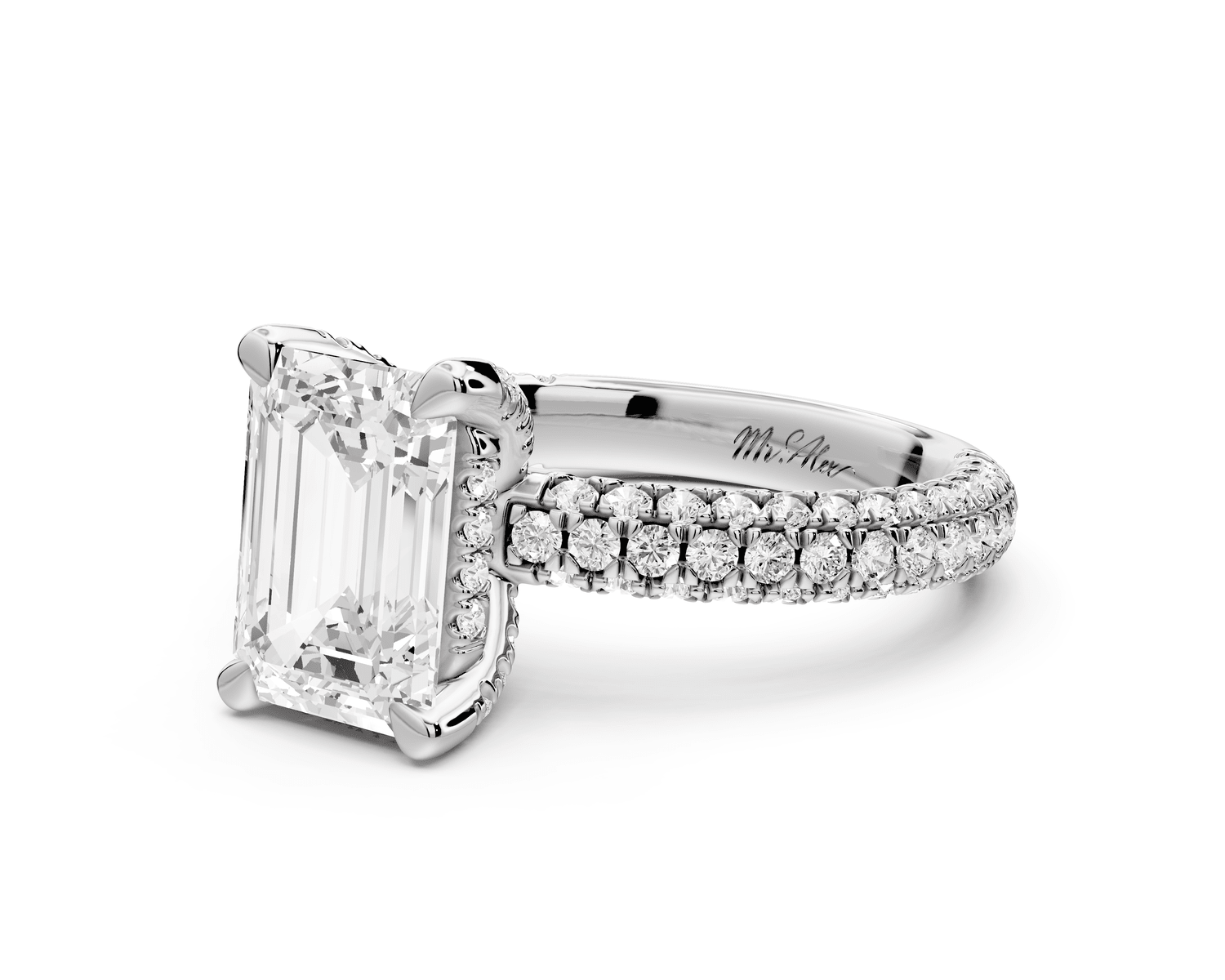 Emilia - 2ct 18k white gold emerald Hidden Halo Diamond Crown Rollover Pavé Engagement Ring - Mr. Alex Jewelry