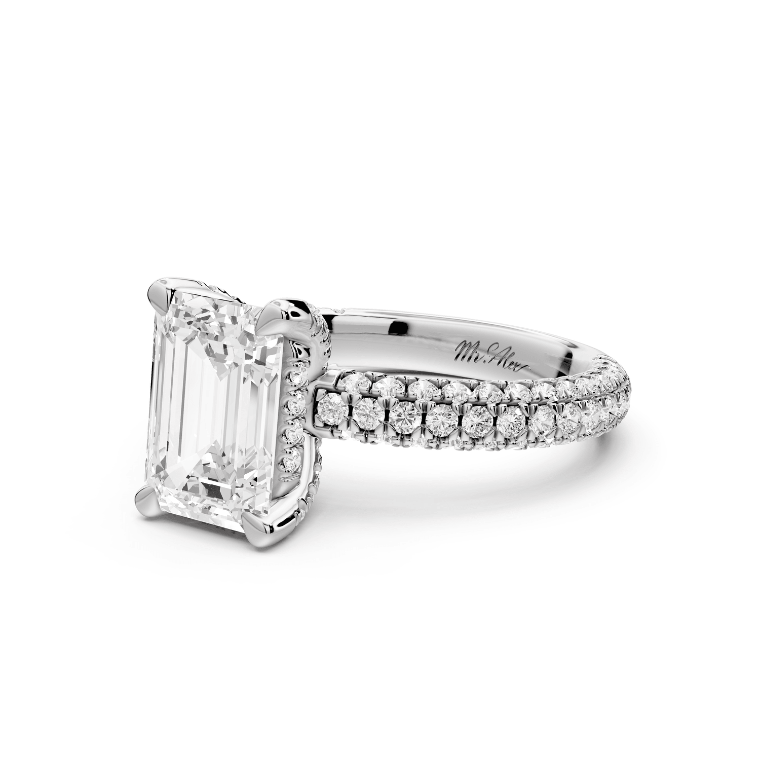 Emilia - 2ct 18k white gold emerald Hidden Halo Diamond Crown Rollover Pavé Engagement Ring - Mr. Alex Jewelry