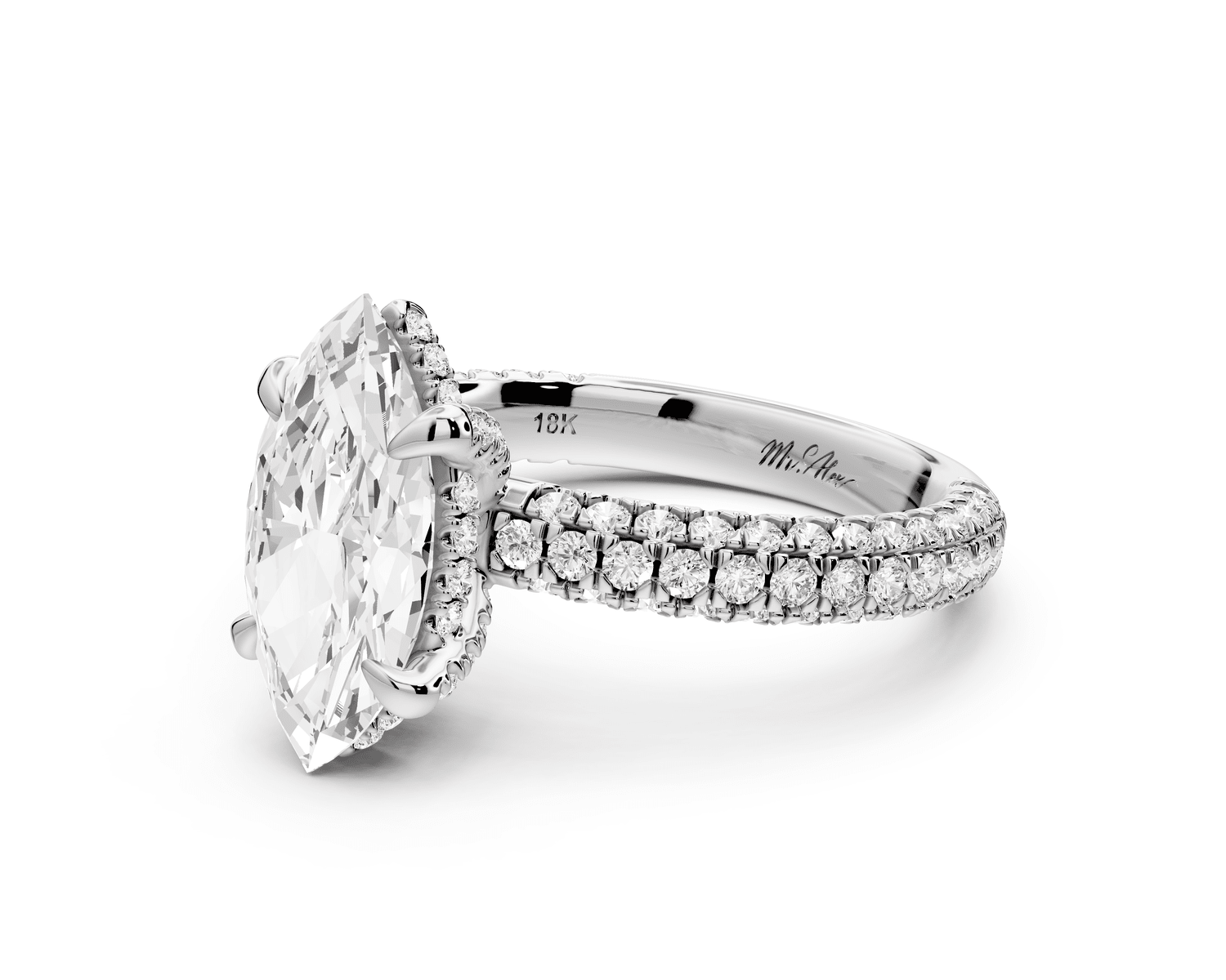 Emilia - 2ct 18k white gold marquise Hidden Halo Diamond Crown Rollover Pavé Engagement Ring - Mr. Alex Jewelry