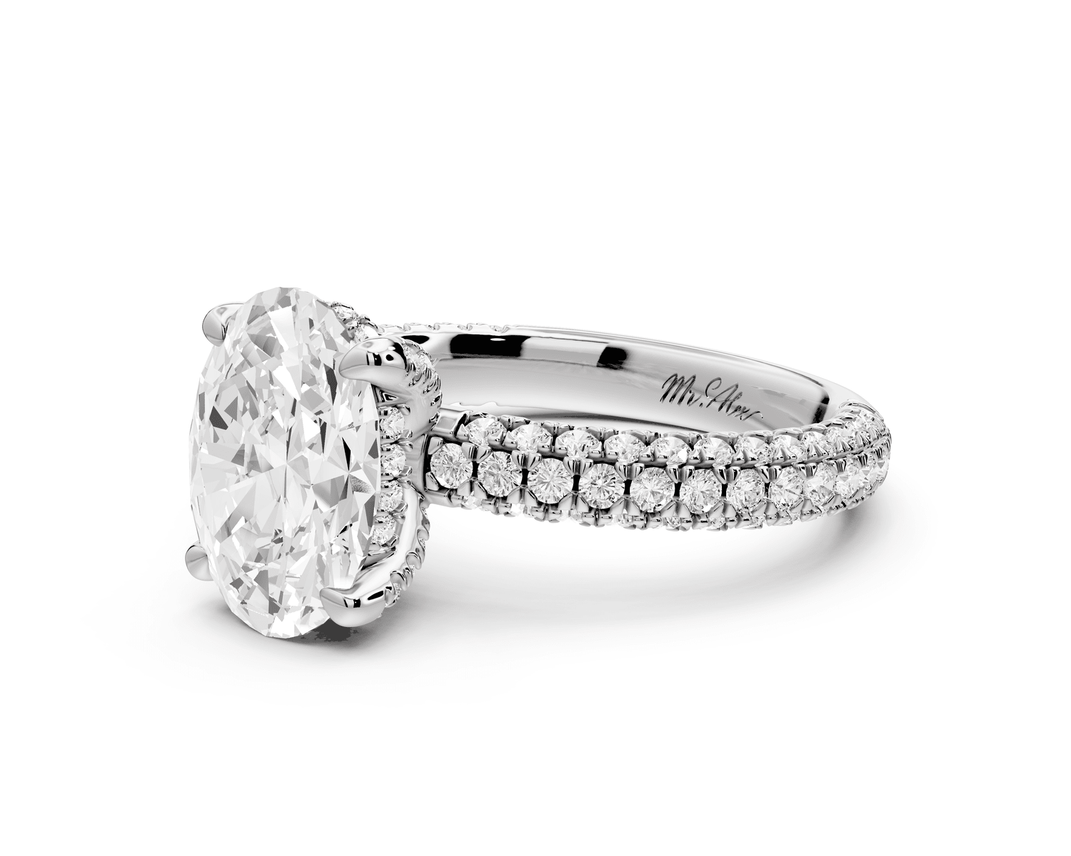 Emilia - 2ct 18k white gold oval Hidden Halo Diamond Crown Rollover Pavé Engagement Ring - Mr. Alex Jewelry