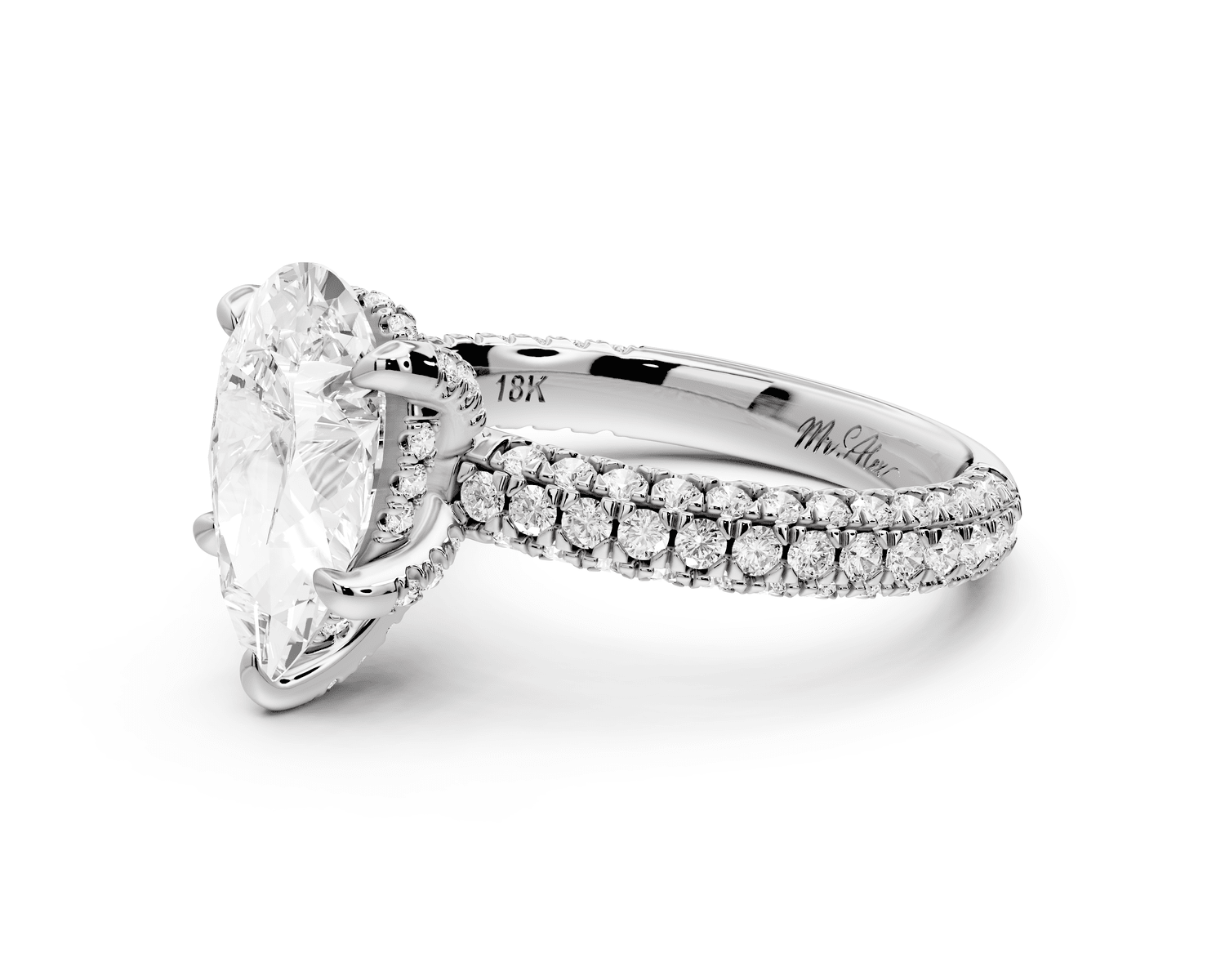Emilia - 2ct 18k white gold pear Hidden Halo Diamond Crown Rollover Pavé Engagement Ring - Mr. Alex Jewelry