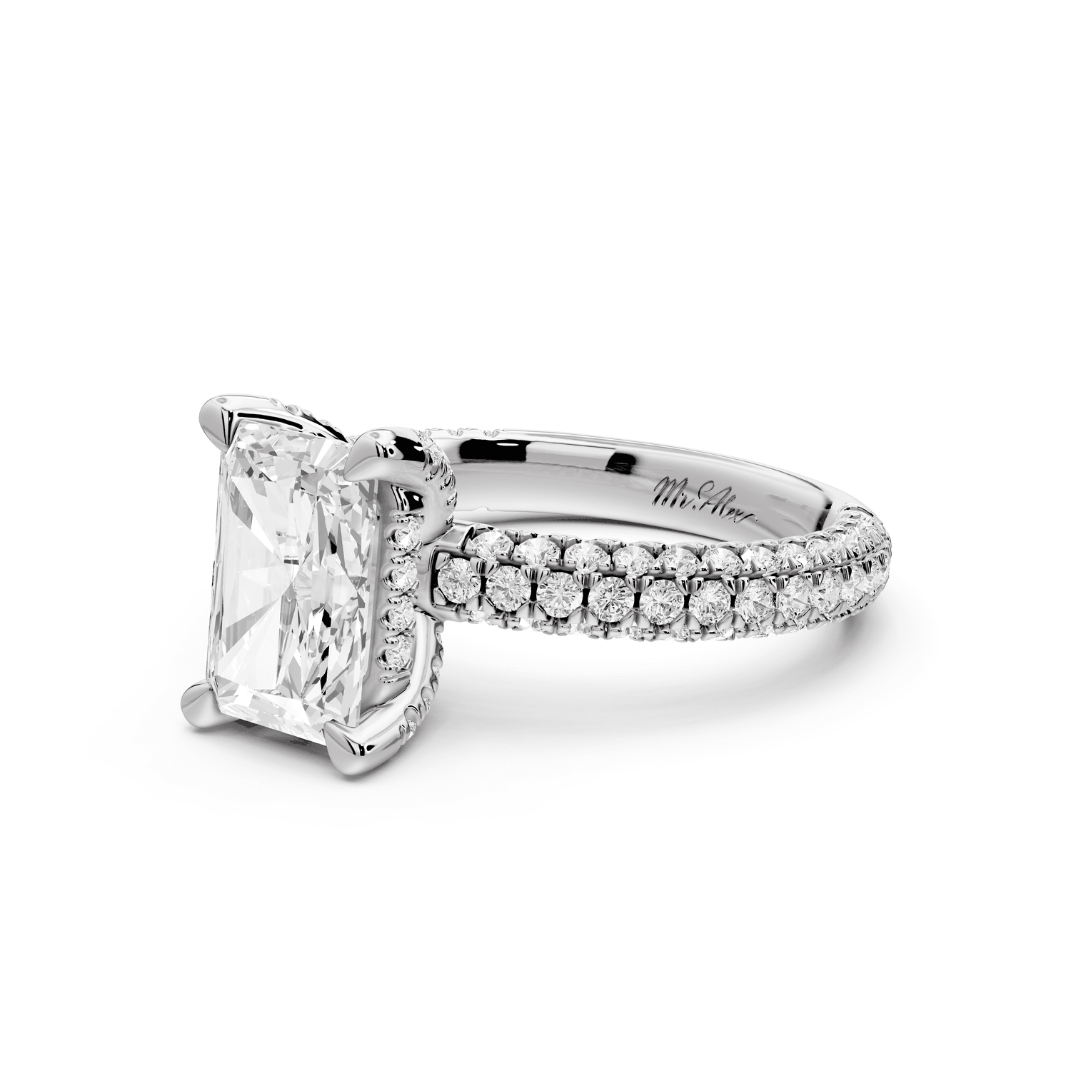 Emilia - 2ct 18k white gold radiant Hidden Halo Diamond Crown Rollover Pavé Engagement Ring - Mr. Alex Jewelry