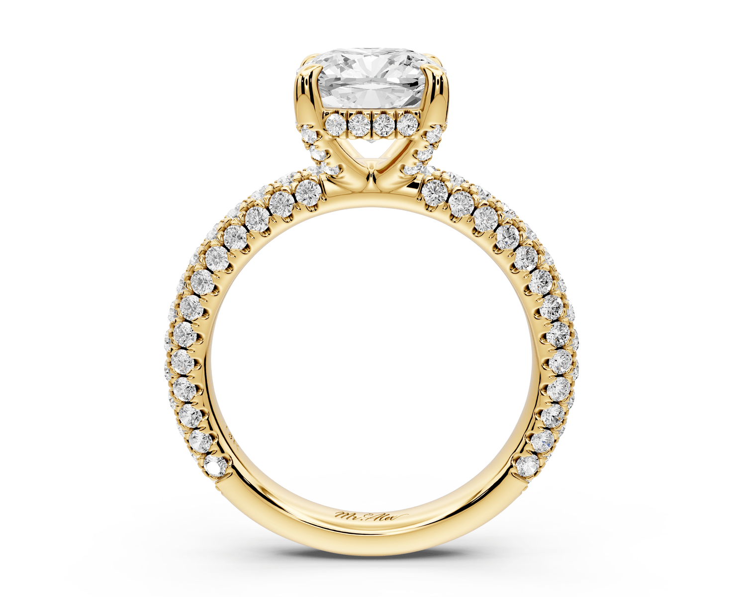 Emilia - 2ct 18k yellow gold cushion Hidden Halo Diamond Crown Rollover Pavé Engagement Ring - Mr. Alex Jewelry