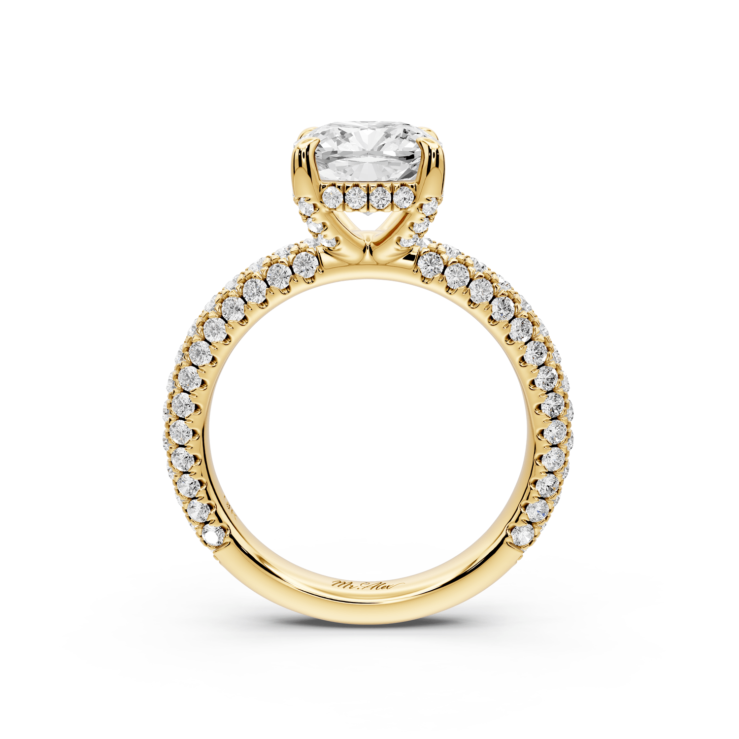 Emilia - 2ct 18k yellow gold cushion Hidden Halo Diamond Crown Rollover Pavé Engagement Ring - Mr. Alex Jewelry