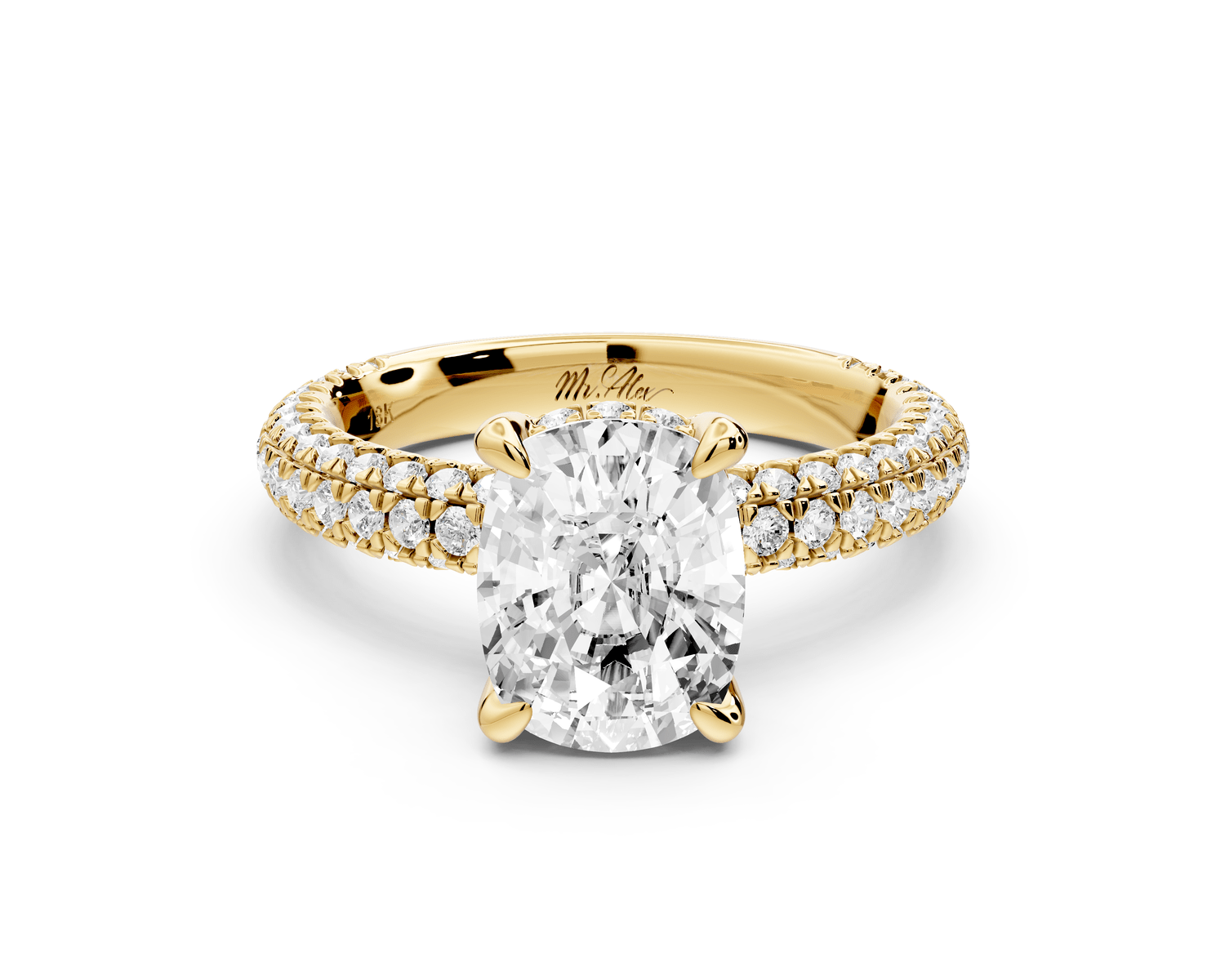 Emilia - 2ct 18k yellow gold ecushion Hidden Halo Diamond Crown Rollover Pavé Engagement Ring - Mr. Alex Jewelry