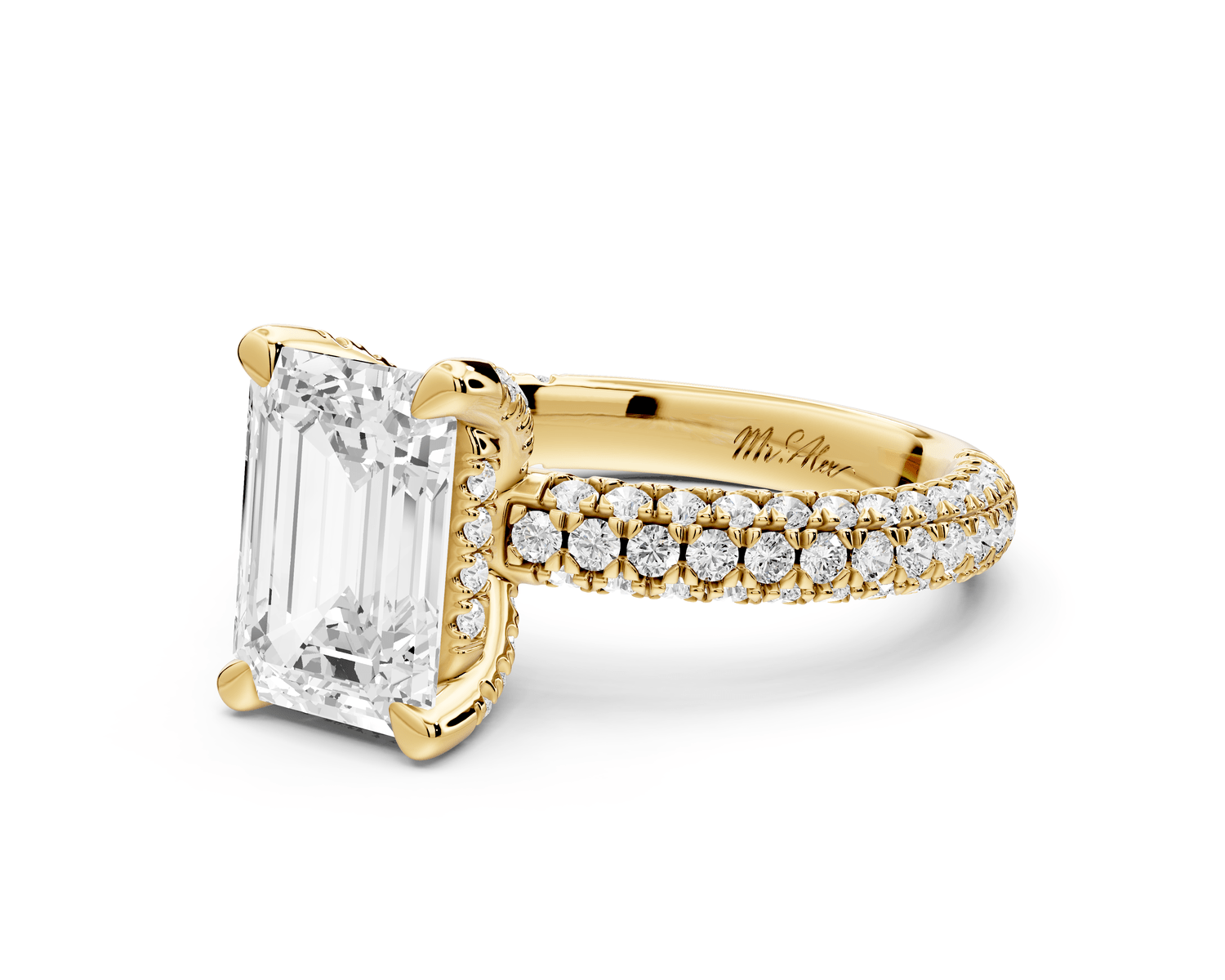 Emilia - 2ct 18k yellow gold emerald Hidden Halo Diamond Crown Rollover Pavé Engagement Ring - Mr. Alex Jewelry