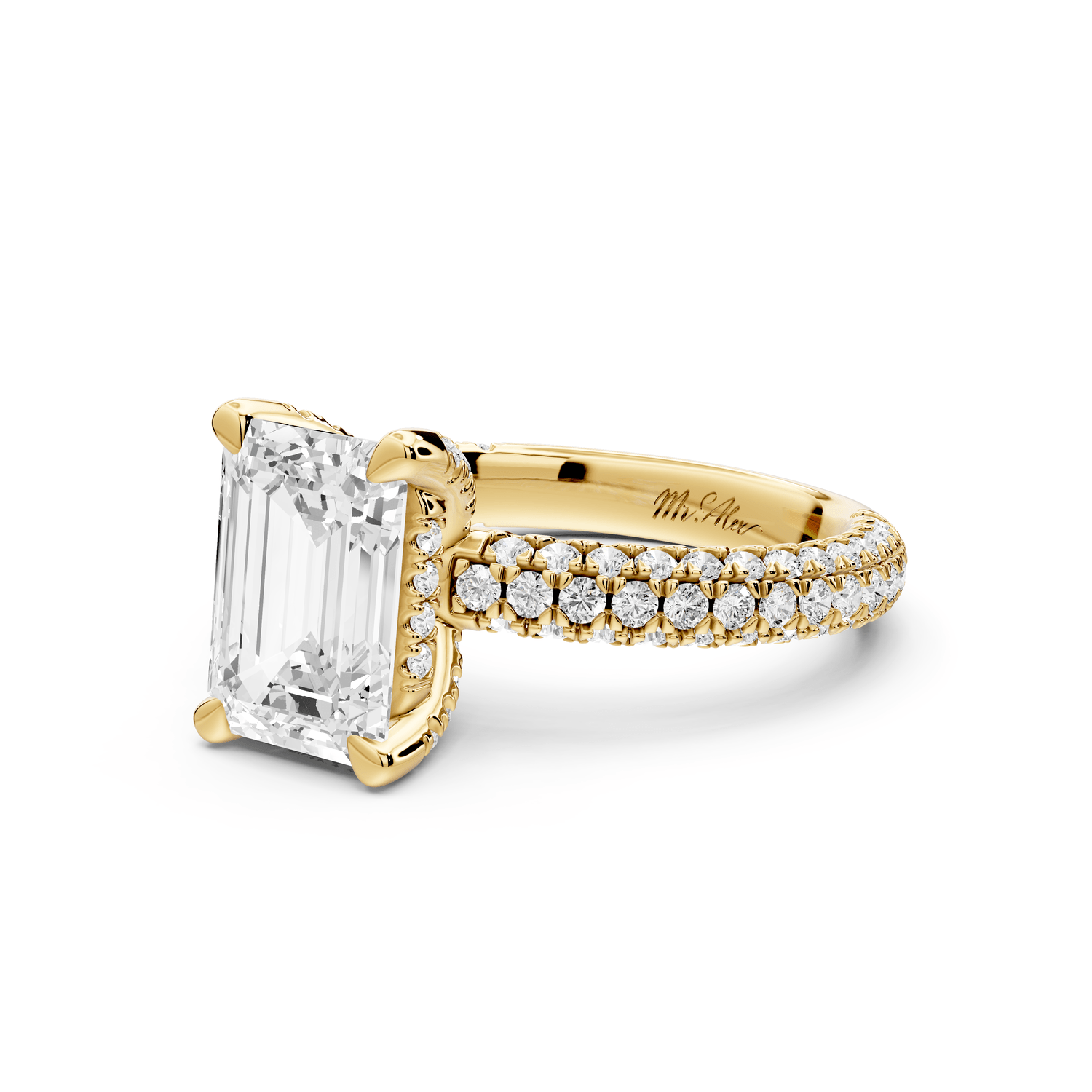 Emilia - 2ct 18k yellow gold emerald Hidden Halo Diamond Crown Rollover Pavé Engagement Ring - Mr. Alex Jewelry