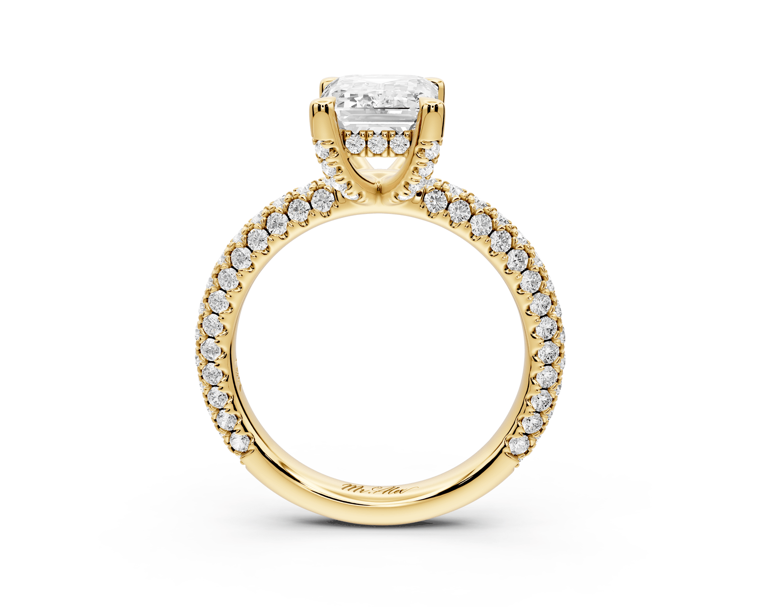 Emilia - 2ct 18k yellow gold emerald Hidden Halo Diamond Crown Rollover Pavé Engagement Ring - Mr. Alex Jewelry
