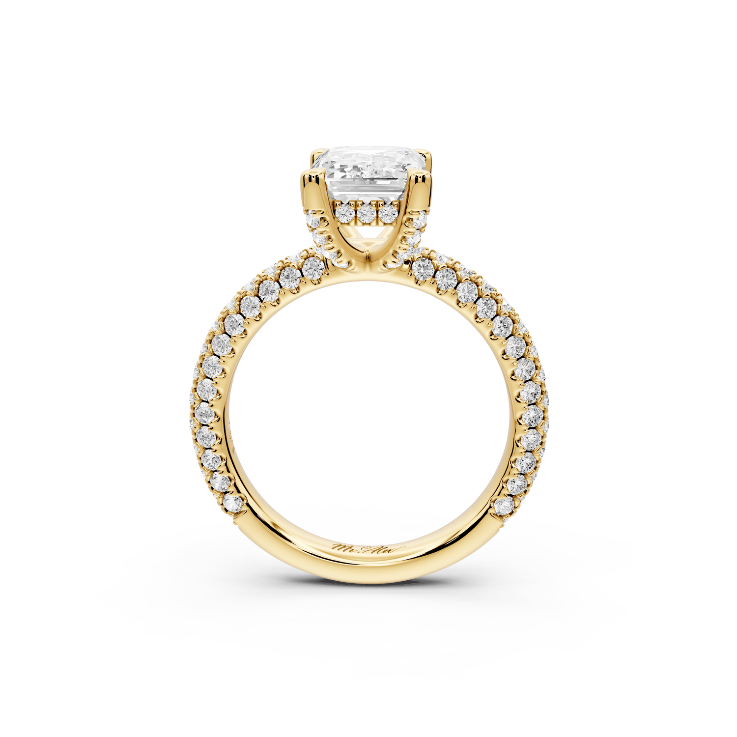 Emilia - 2ct 18k yellow gold emerald Hidden Halo Diamond Crown Rollover Pavé Engagement Ring - Mr. Alex Jewelry