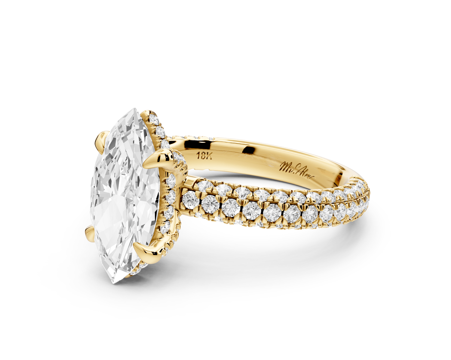 Emilia - 2ct 18k yellow gold marquise Hidden Halo Diamond Crown Rollover Pavé Engagement Ring - Mr. Alex Jewelry
