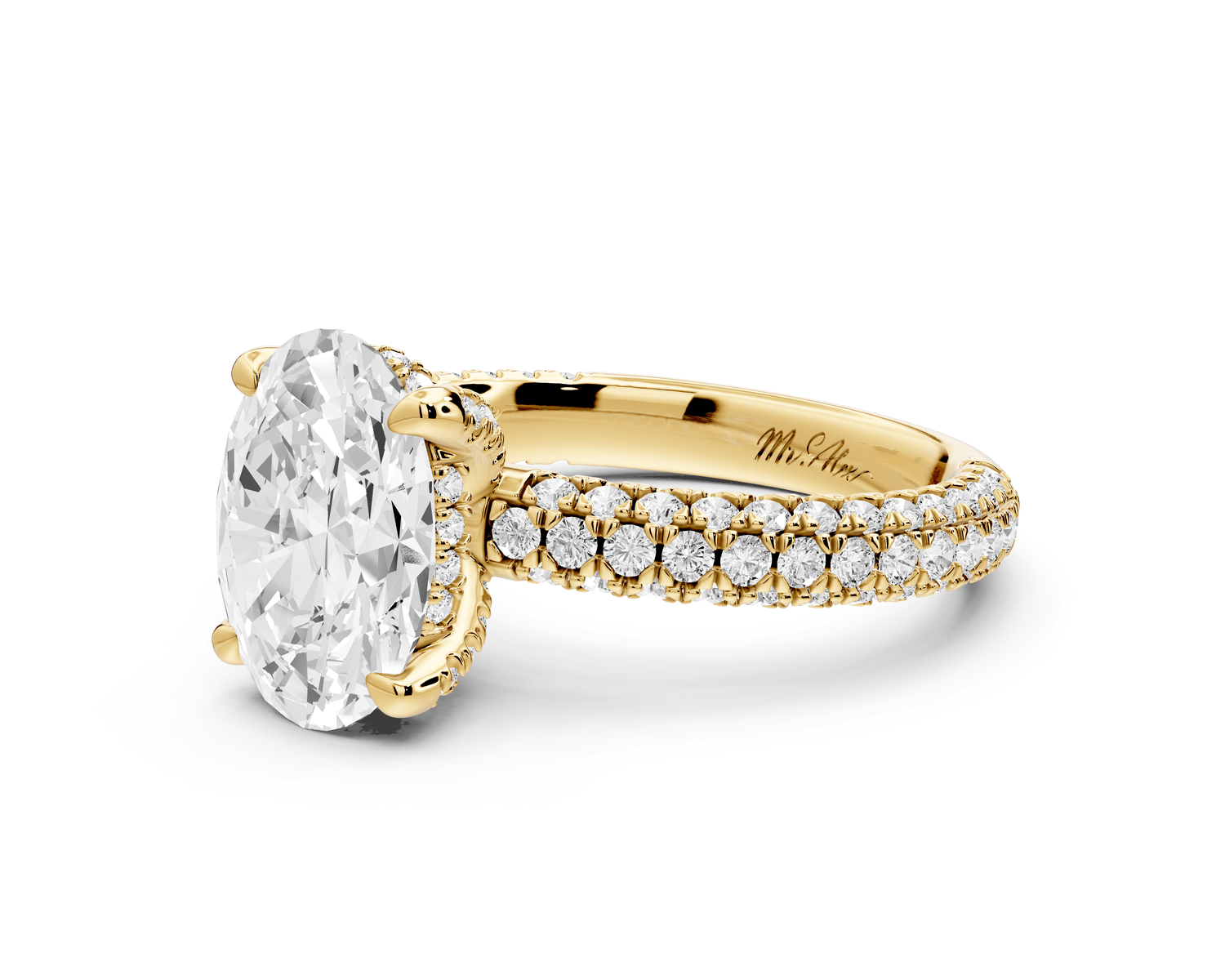 Emilia - 2ct 18k yellow gold oval Hidden Halo Diamond Crown Rollover Pavé Engagement Ring - Mr. Alex Jewelry