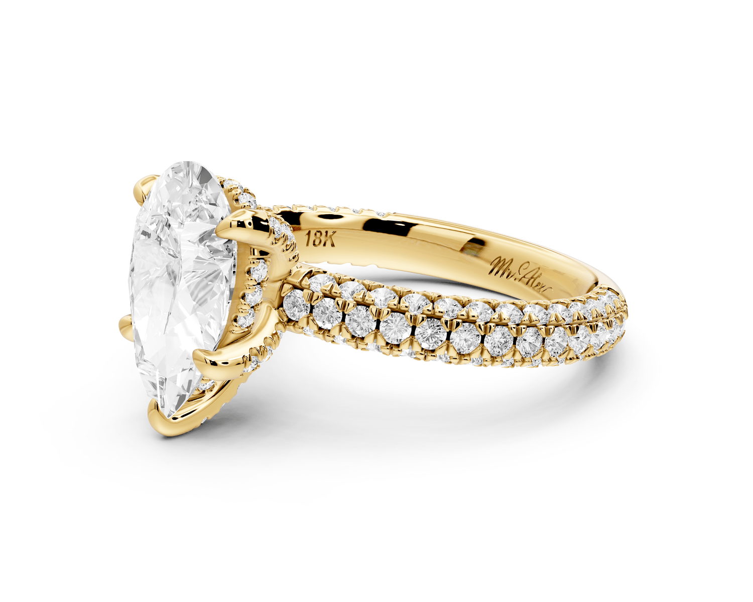 Emilia - 2ct 18k yellow gold pear Hidden Halo Diamond Crown Rollover Pavé Engagement Ring - Mr. Alex Jewelry