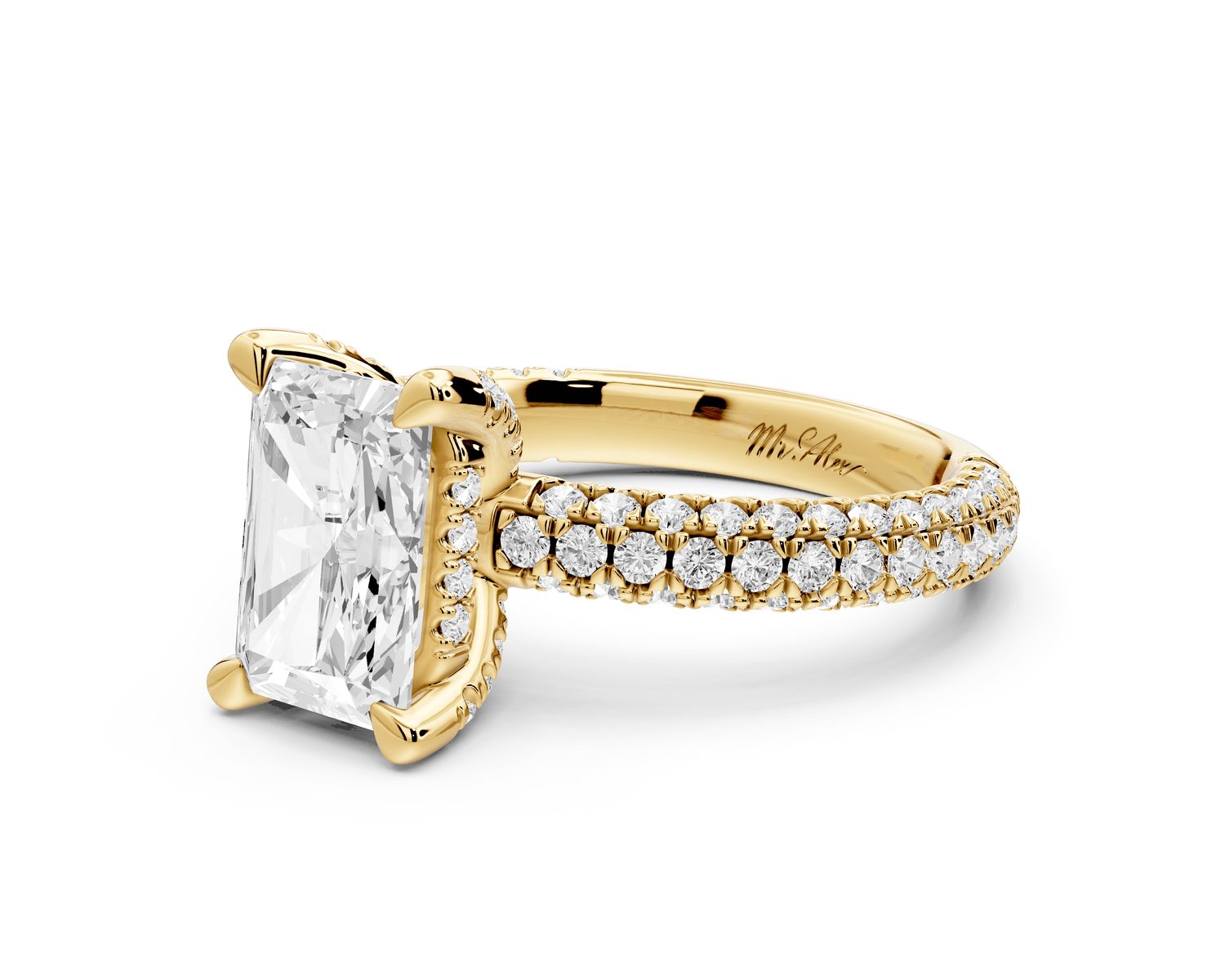 Emilia - 2ct 18k yellow gold radiant Hidden Halo Diamond Crown Rollover Pavé Engagement Ring - Mr. Alex Jewelry