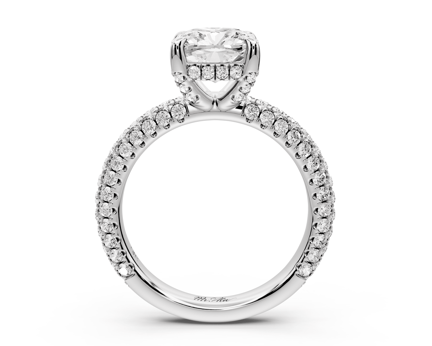 Emilia - 2ct platinum cushion Hidden Halo Diamond Crown Rollover Pavé Engagement Ring - Mr. Alex Jewelry