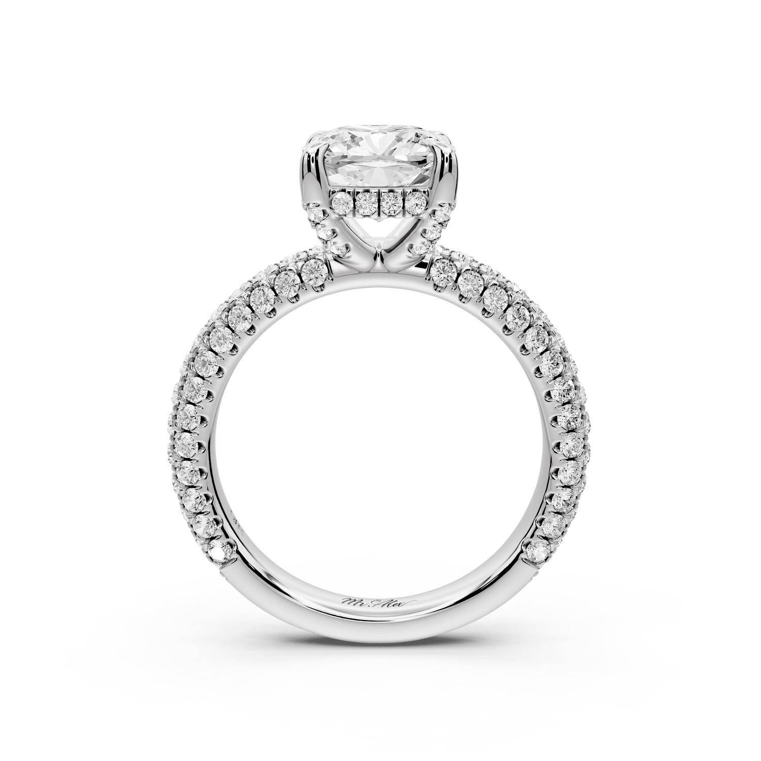 Emilia - 2ct platinum cushion Hidden Halo Diamond Crown Rollover Pavé Engagement Ring - Mr. Alex Jewelry