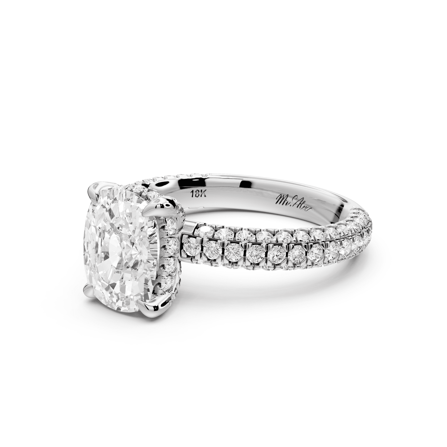Emilia - 2ct platinum ecushion Hidden Halo Diamond Crown Rollover Pavé Engagement Ring - Mr. Alex Jewelry