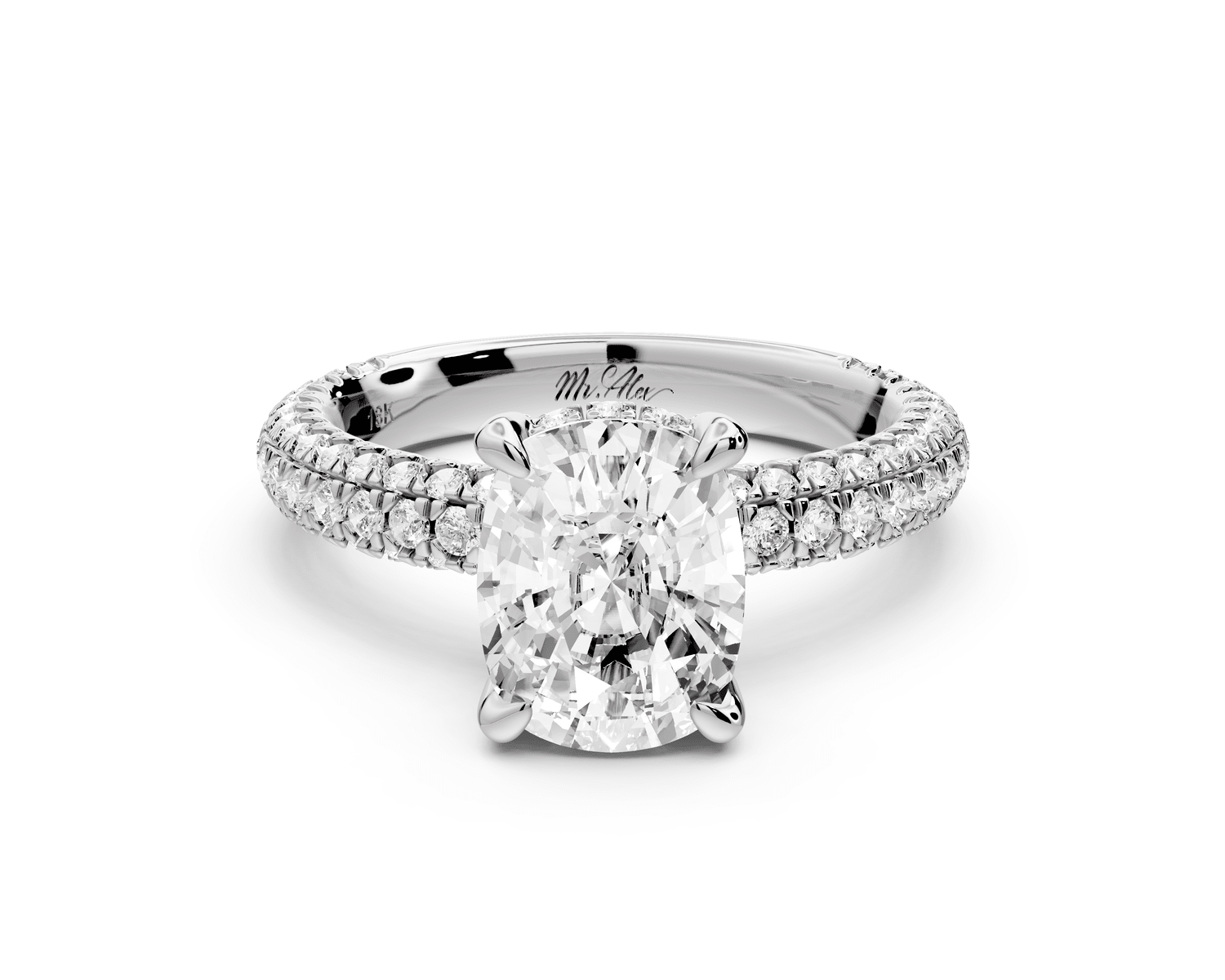 Emilia - 2ct platinum ecushion Hidden Halo Diamond Crown Rollover Pavé Engagement Ring - Mr. Alex Jewelry