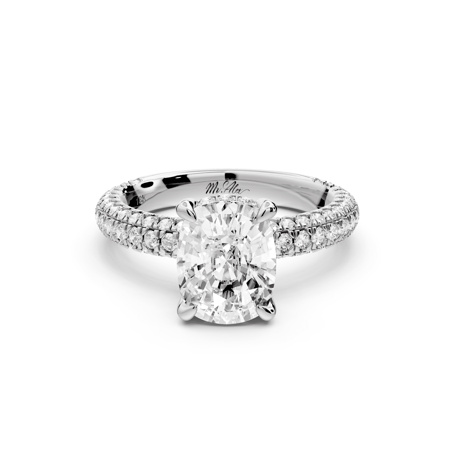 Emilia - 2ct platinum ecushion Hidden Halo Diamond Crown Rollover Pavé Engagement Ring - Mr. Alex Jewelry