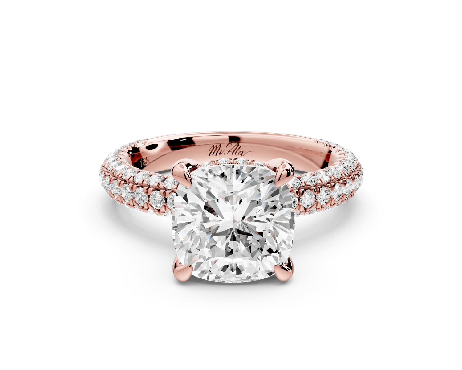 Emilia - 3ct 14k rose gold cushion Hidden Halo Diamond Crown Rollover Pavé Engagement Ring - Mr. Alex Jewelry