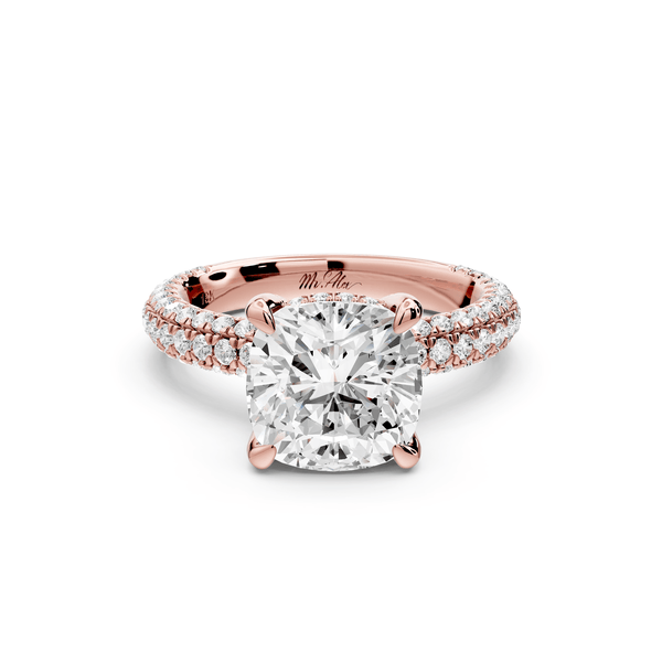 Emilia - 3ct 14k rose gold cushion Hidden Halo Diamond Crown Rollover Pavé Engagement Ring - Mr. Alex Jewelry