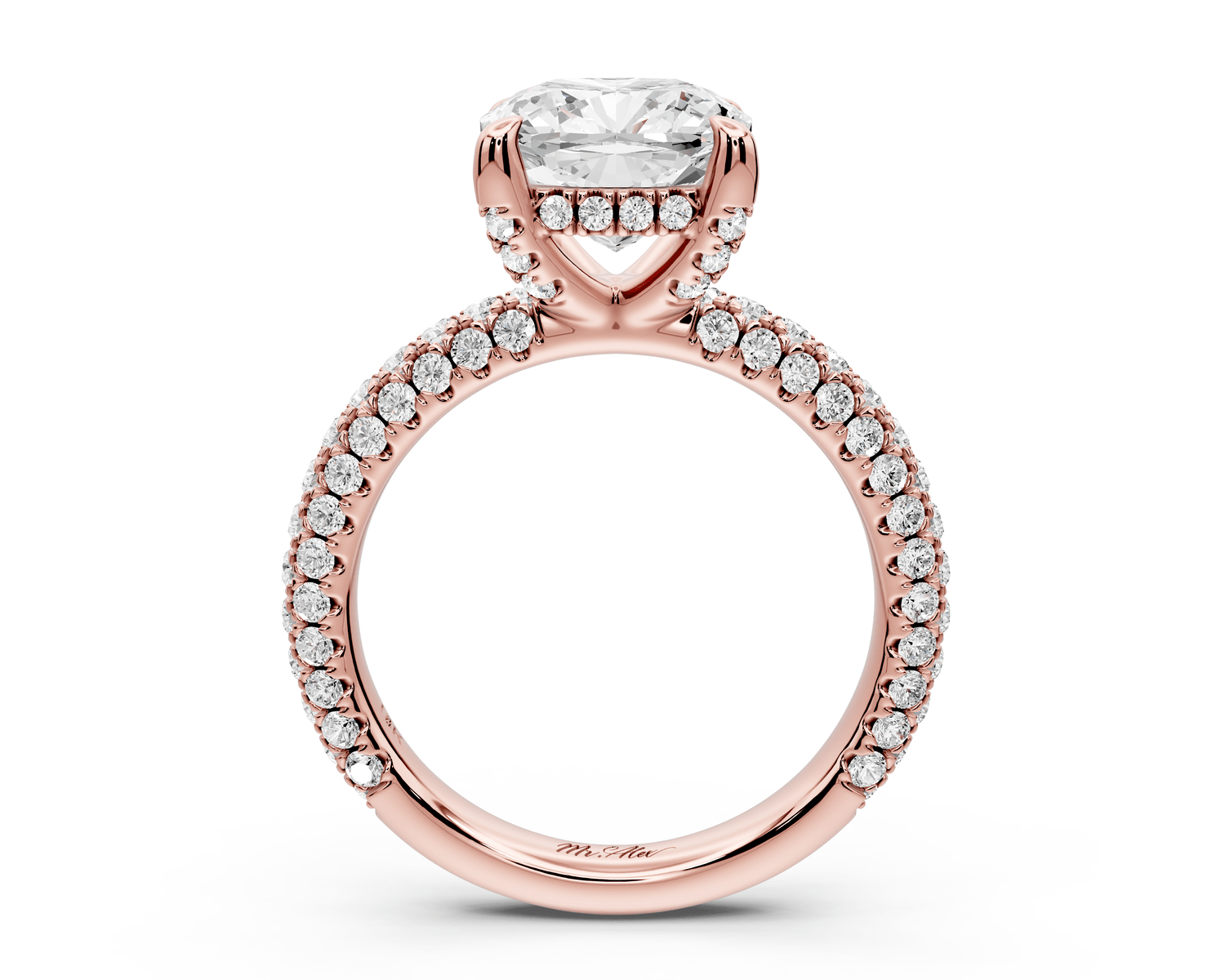 Emilia - 3ct 14k rose gold cushion Hidden Halo Diamond Crown Rollover Pavé Engagement Ring - Mr. Alex Jewelry