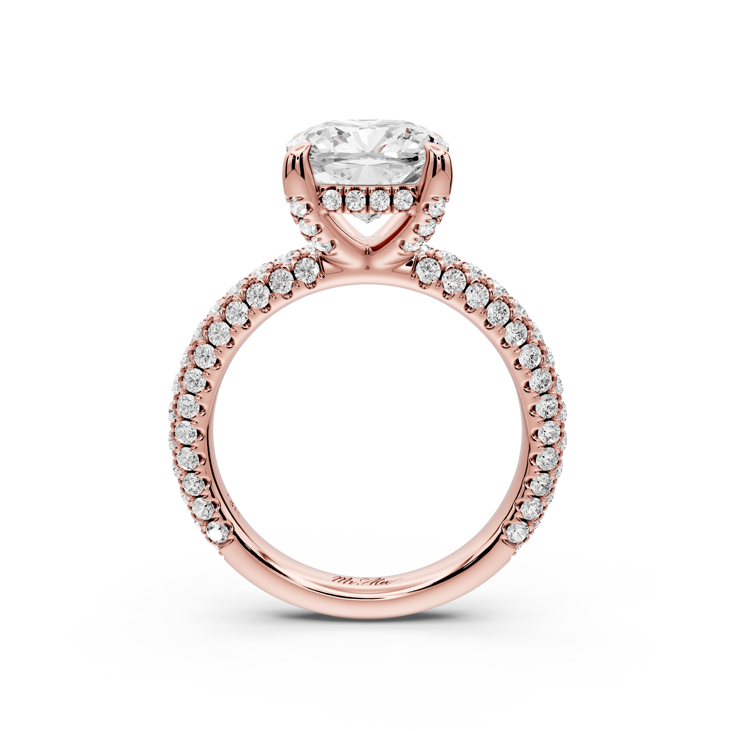 Emilia - 3ct 14k rose gold cushion Hidden Halo Diamond Crown Rollover Pavé Engagement Ring - Mr. Alex Jewelry