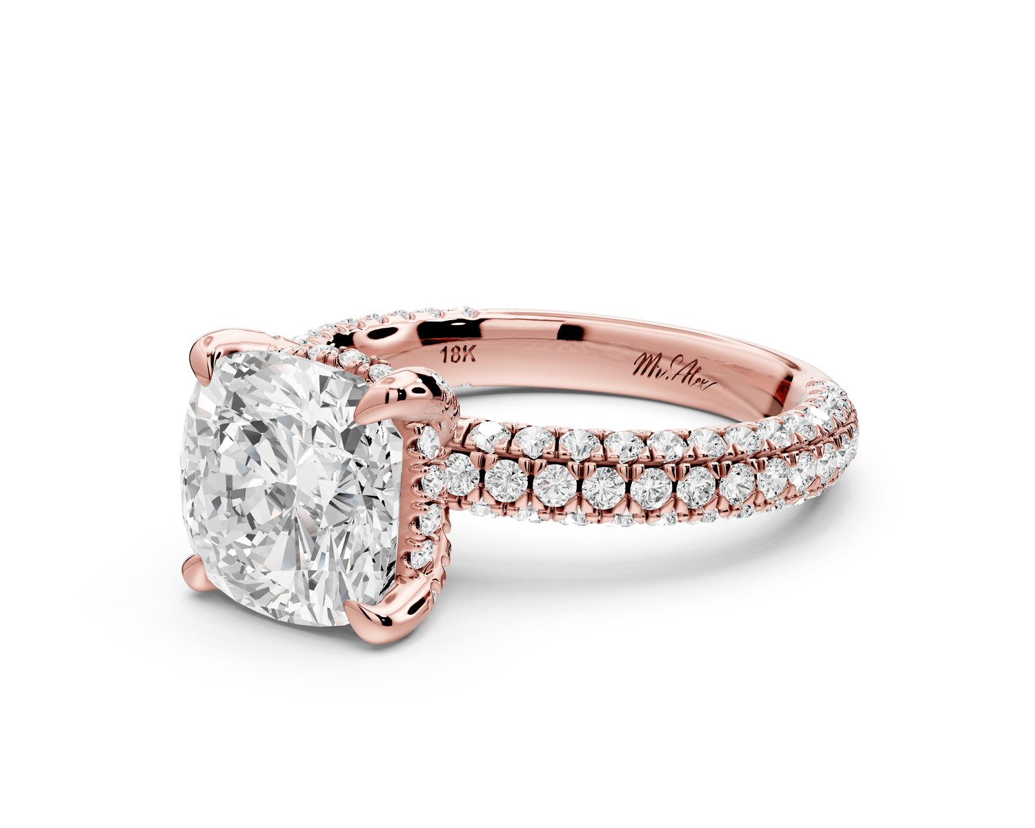 Emilia - 3ct 14k rose gold cushion Hidden Halo Diamond Crown Rollover Pavé Engagement Ring - Mr. Alex Jewelry