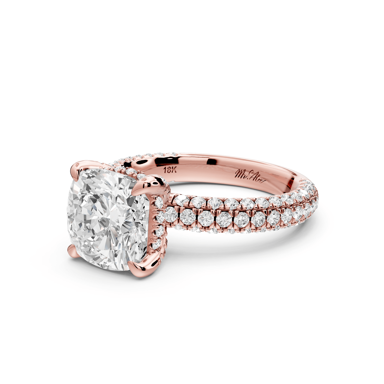 Emilia - 3ct 14k rose gold cushion Hidden Halo Diamond Crown Rollover Pavé Engagement Ring - Mr. Alex Jewelry