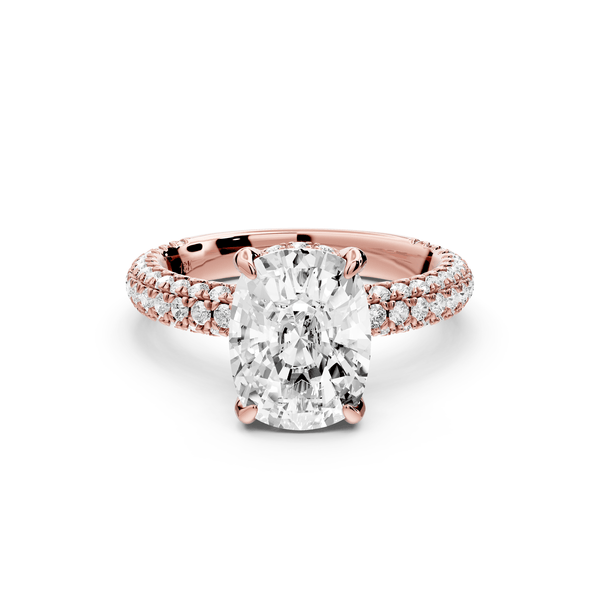 Emilia - 3ct 14k rose gold ecushion Hidden Halo Diamond Crown Rollover Pavé Engagement Ring - Mr. Alex Jewelry