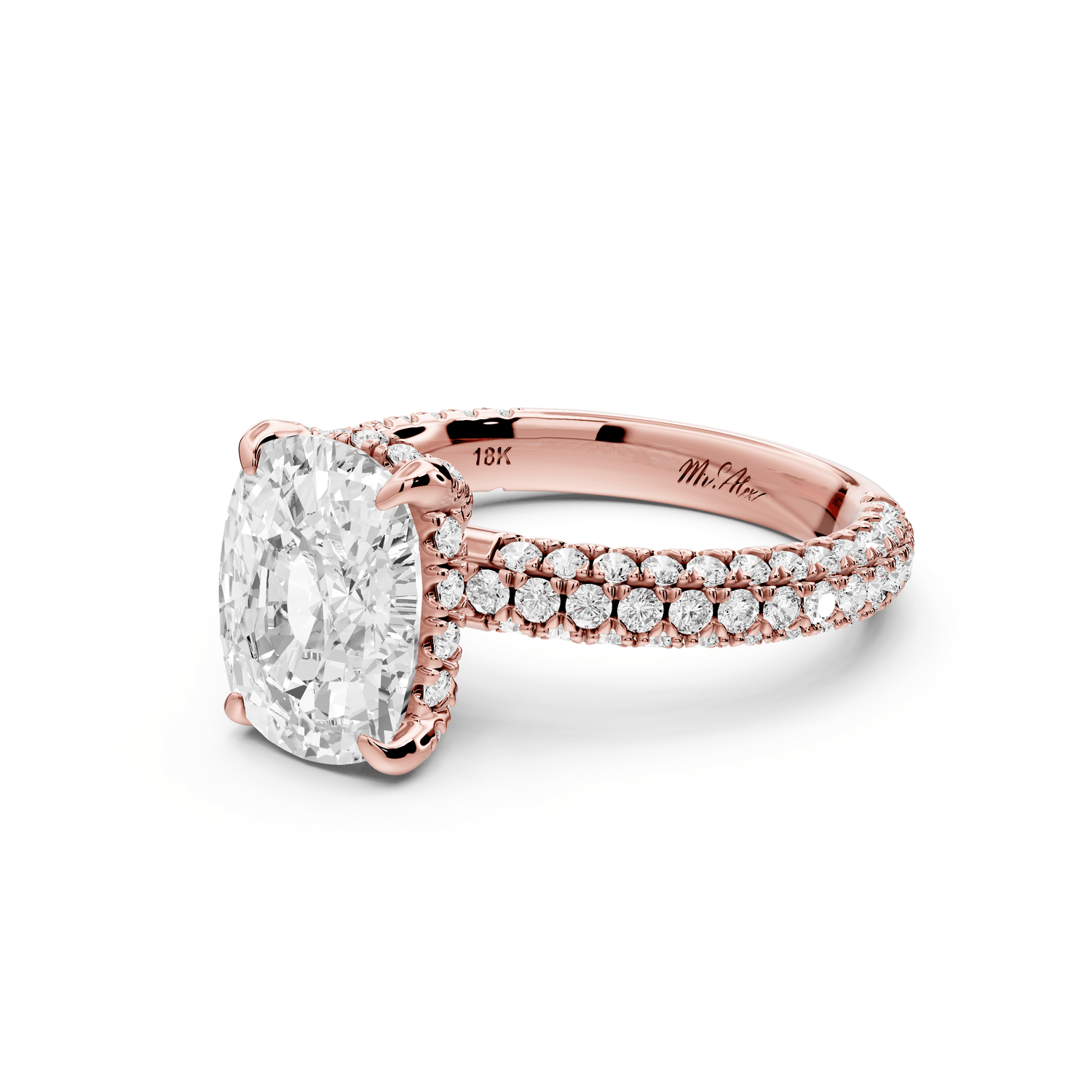 Emilia - 3ct 14k rose gold ecushion Hidden Halo Diamond Crown Rollover Pavé Engagement Ring - Mr. Alex Jewelry